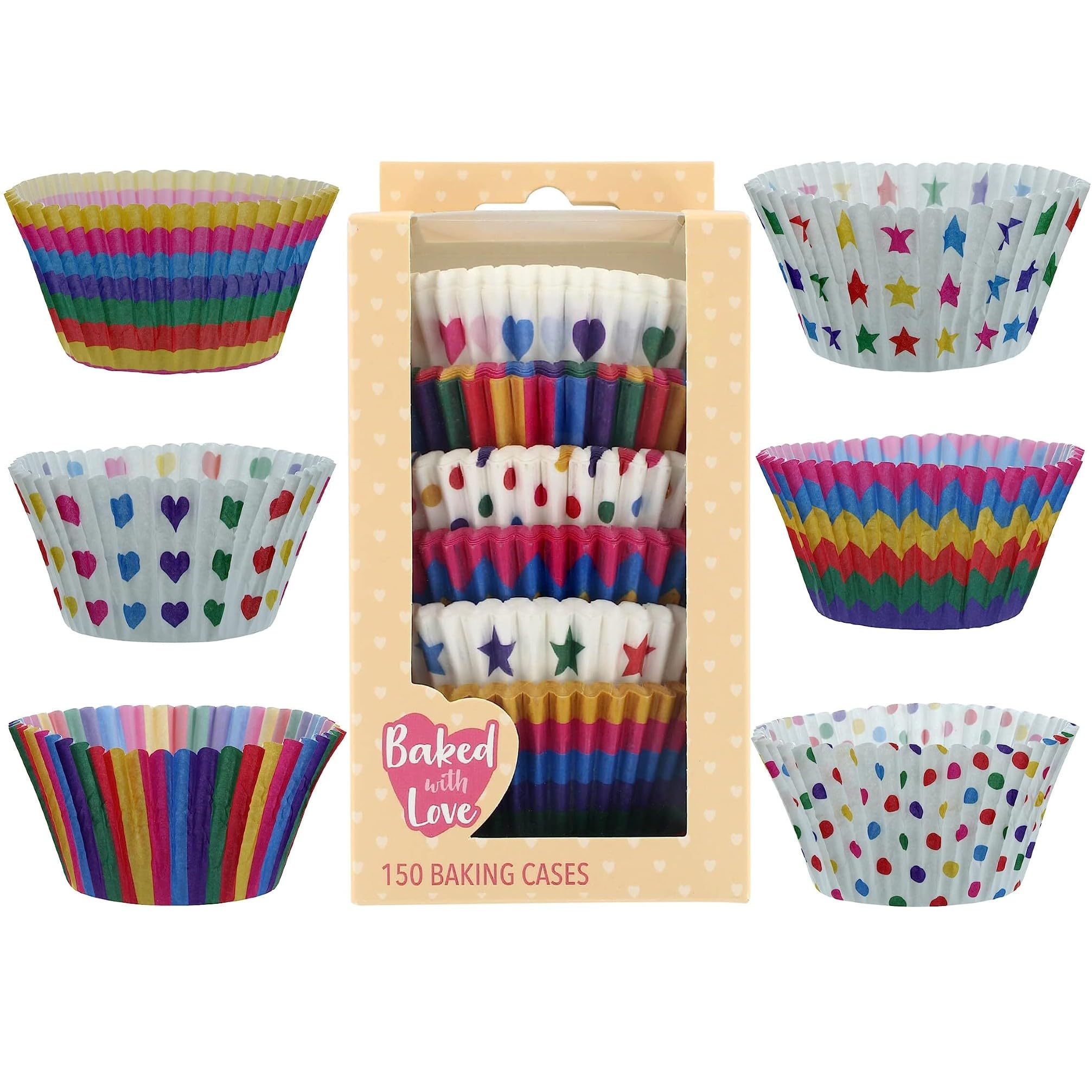 Baked with Love, Rainbow Brights Paper Cupcake Cases, 150 pcs, Greaseproof, Disposable, 50mm x 37mm, Stars, Stripes, Spots, Hearts, Birthdays, Celebrations