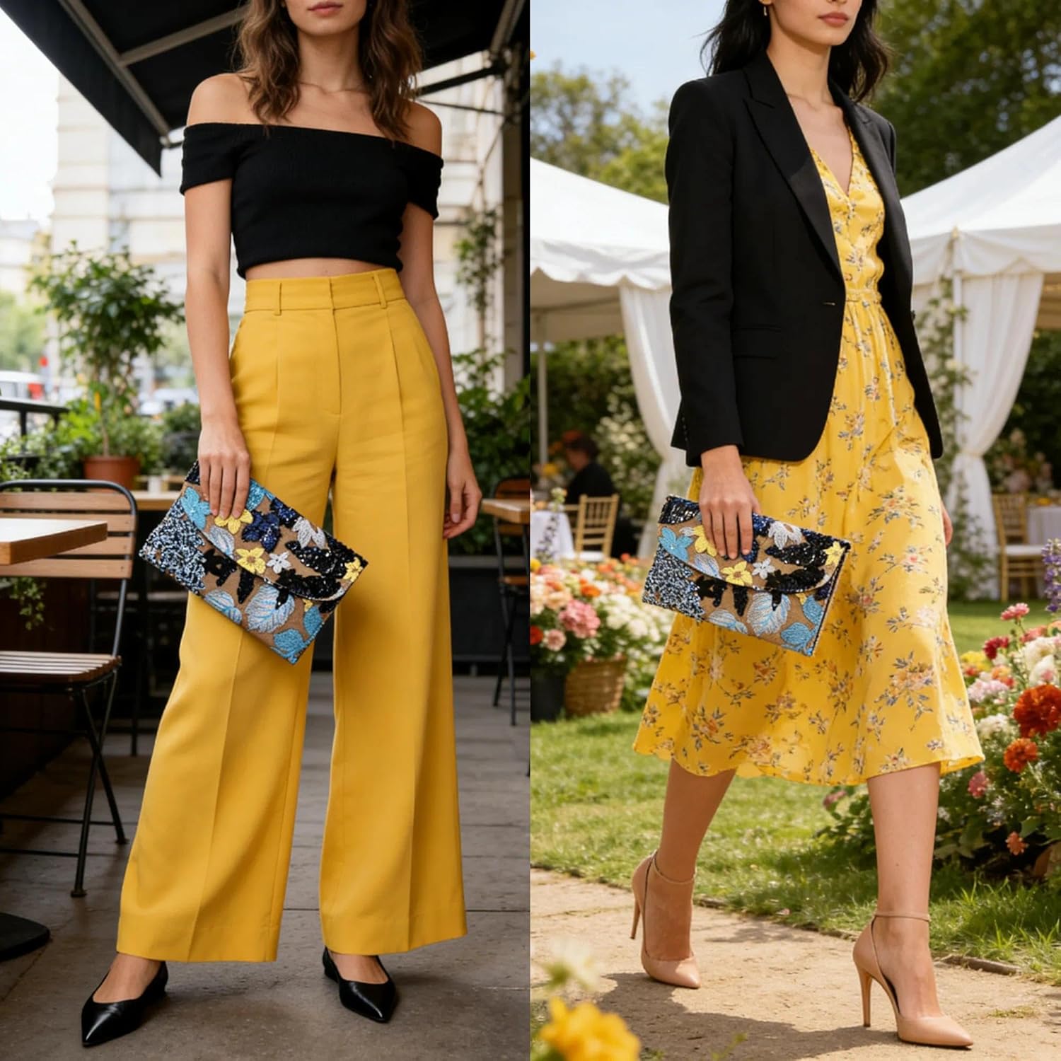 Envelope Package, Clutch Purses for Women, Sequin Embroidered Flowers Straw Bag, Bohemian Handmade Handbags, Beach Bag for Vacation, Travel, Banquet(Black Flower) - Image 7