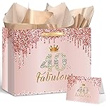 Yoirrat Rose Gold 40 and Fabulous 40th Birthday Gift Bag for Women Large Pink Happy 40th Birthday Gift Bag with Wrapping Paper and Card for 40th Forty Bday Decorations Party Supplies