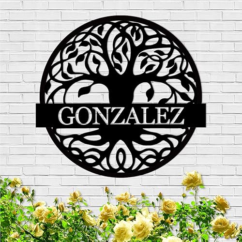 Miniatura 12 de Arte de pared personalizado del Árbol de la vida, decoración personalizada con apellido, letrero de metal para balcón exterior, arte de pared con