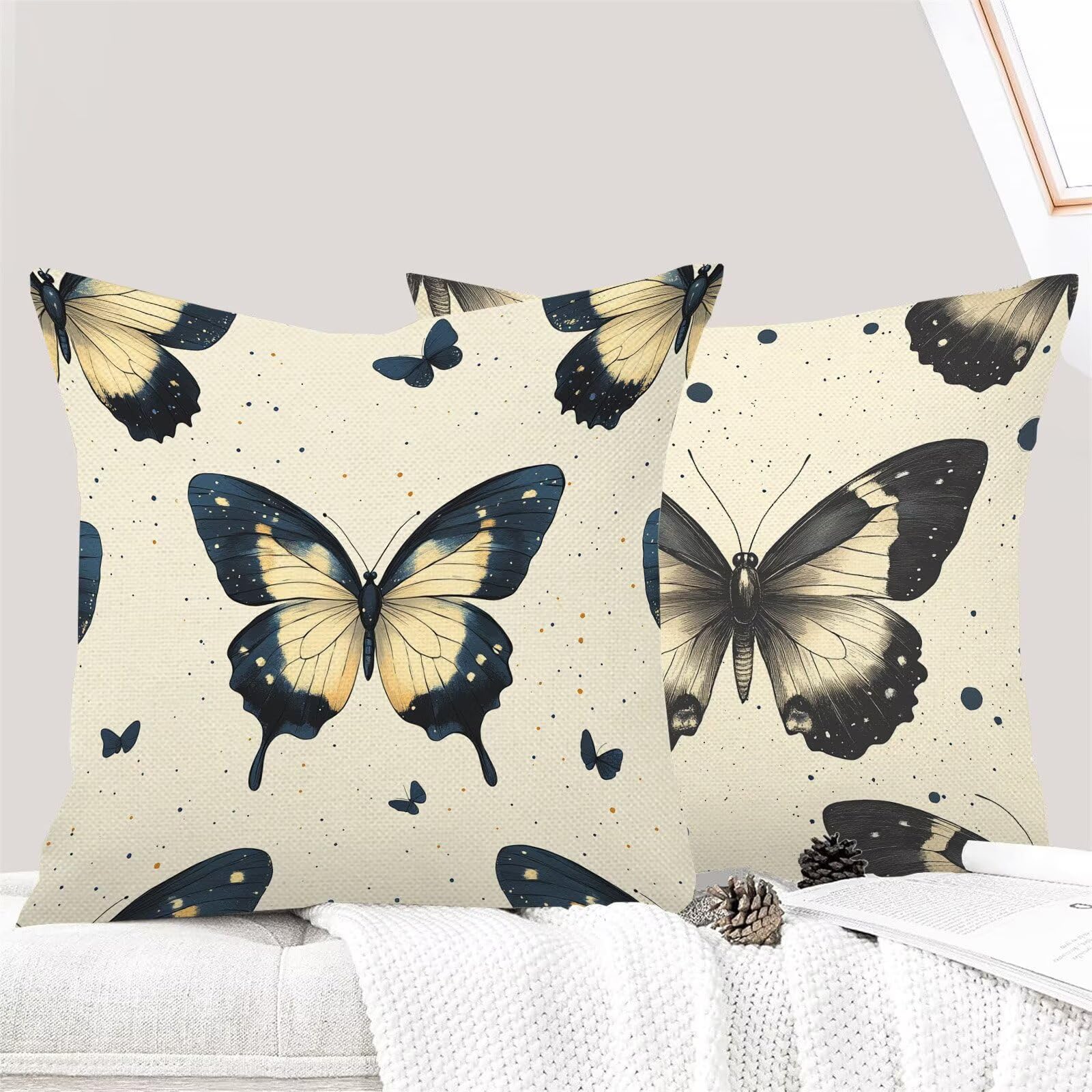 Juego de 4 Fundas Cojines Crema Mariposa 75 x 75 cm Fundas Cojines, Decoración Moderna Cojin Exterior, para Sofá salón Coche Cama Sillas Decoración, Cuadrado Terciopelo Sofá Cojín Exterior m-437
