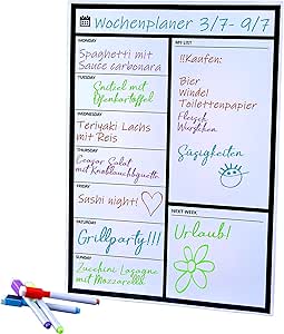 Magnetisch weekplan, magnetisch droog afwisbaar kalenderbord voor koelkast, 40 x 30 cm, helder, acrylkalender, planner, bord voor koelkast, herbruikbaar, inclusief 6 markeringen