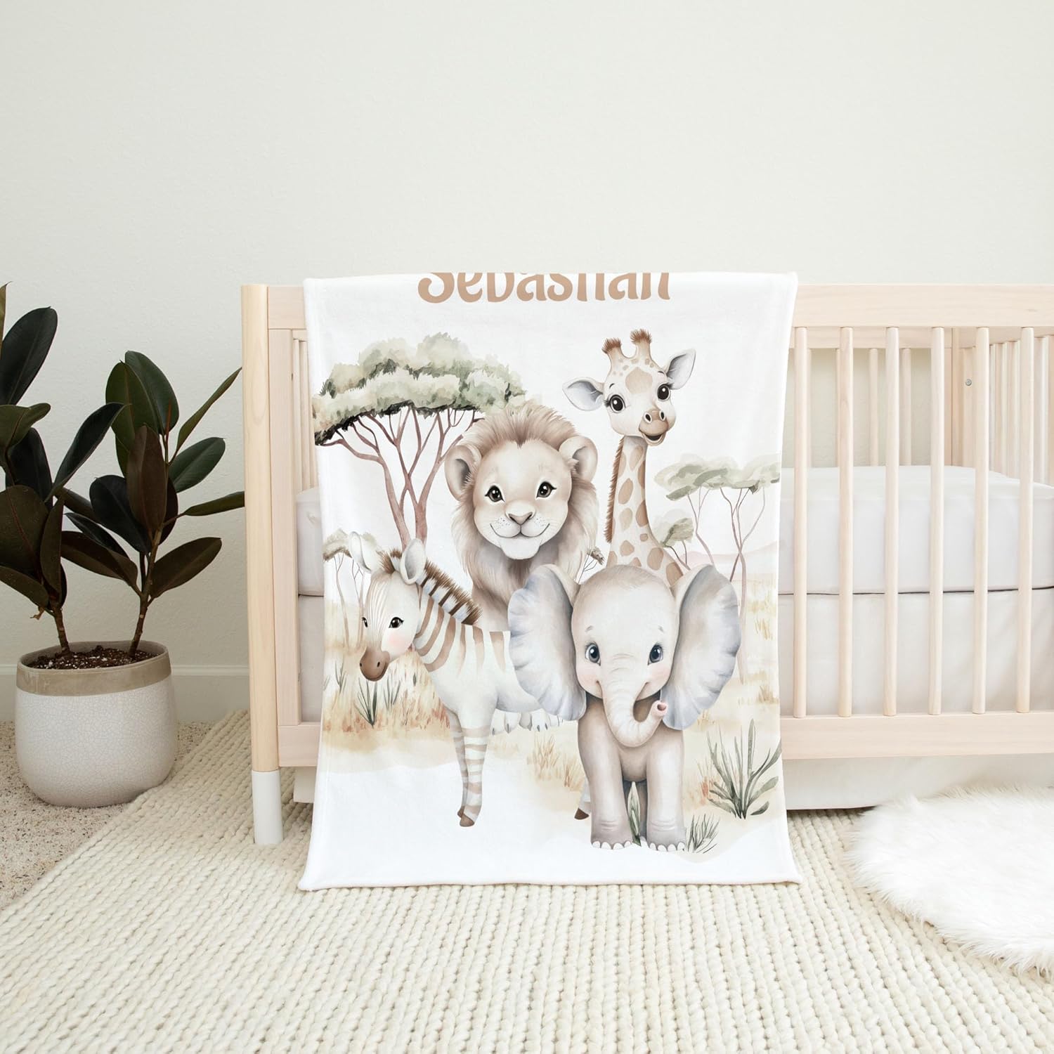 Safari Animals Neutral Personalized Baby Boy Name Blanket (30 x 40 Baby)