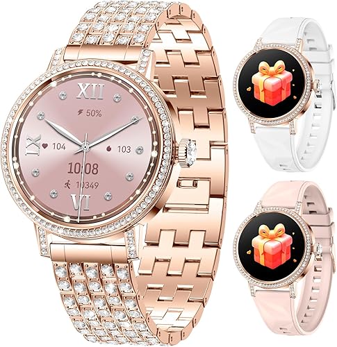 Smart Watches for Women with Diamonds,Bluetooth Calls(Answer&Make),1.27" HD Screen Smart Watch,Sleep/Heart Rate,Smartwatch Compatible with Android &