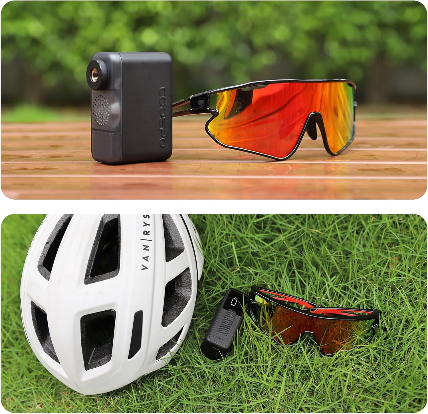 COOSPO Tiny X1 Mini Electric Bike Pump with various valve adapters