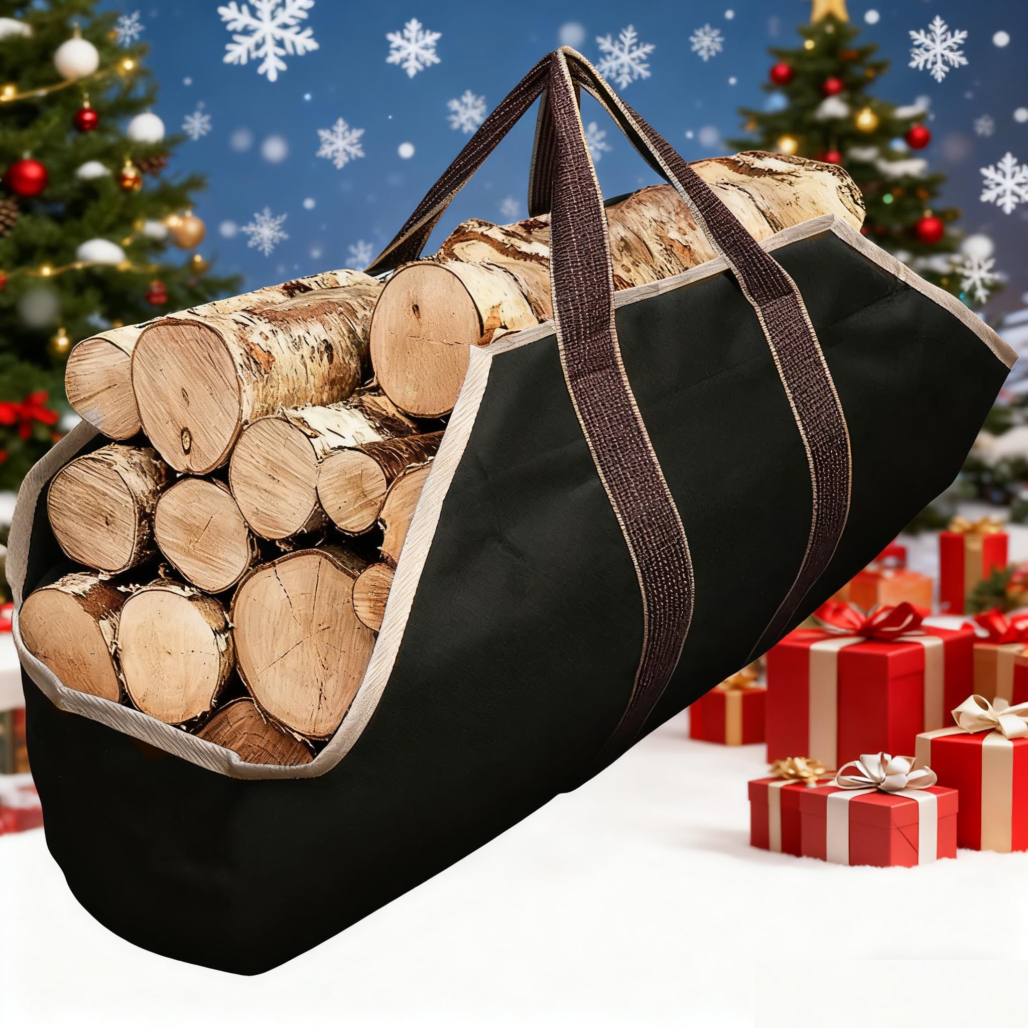 AMAGABELI GARDEN & HOME Large Canvas Log Tote Bag Firewood Carrier Heavy Duty Fireplace Log Holder Fire Wood Carriers Carrying with Handles Wood Sling For Fire Place Outdoor Cabin Stove Accessories