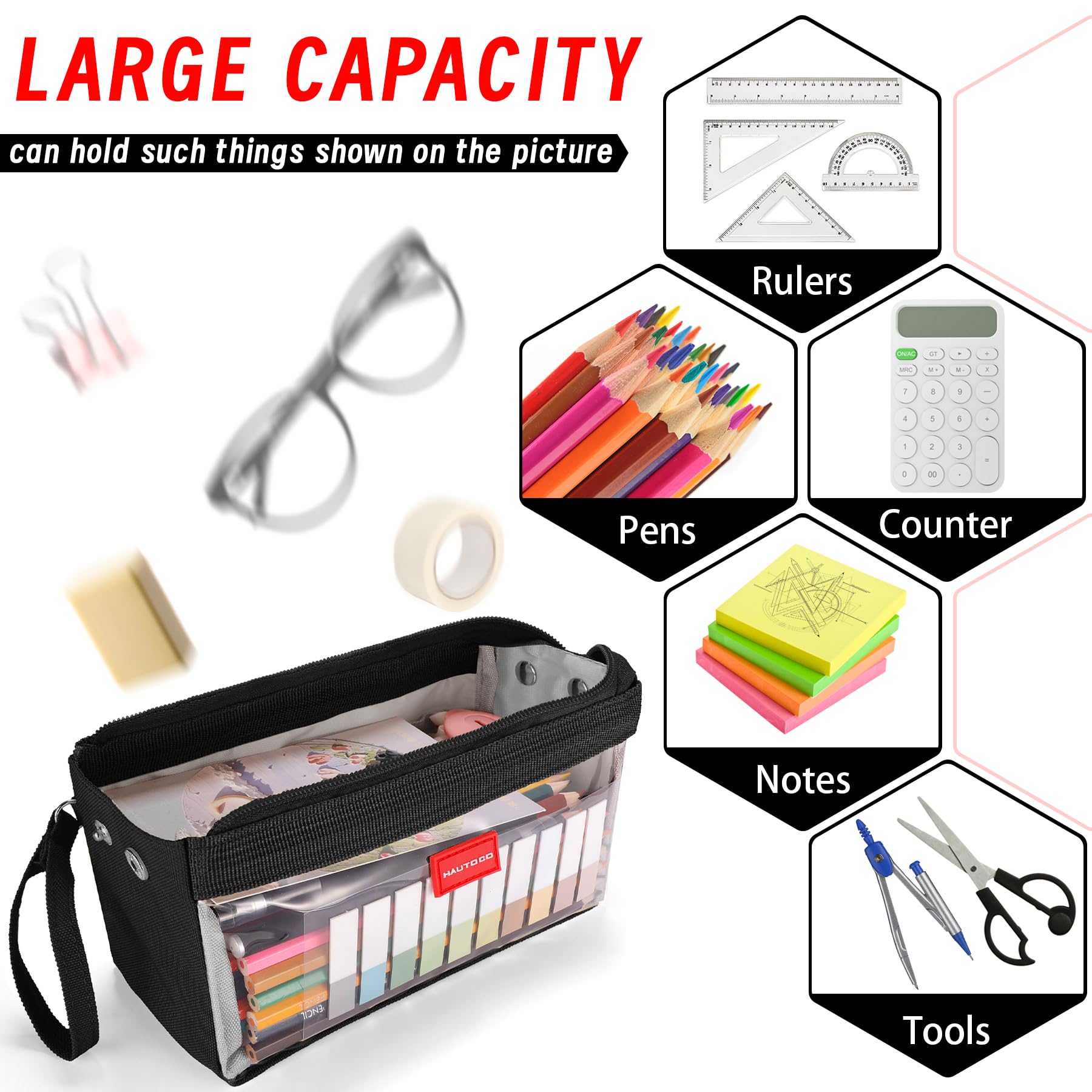 HAUTOCO Clear Pencil Case for Girls Boys Large Capacity Pencil Pouch with Zipper & Handle - Image 4