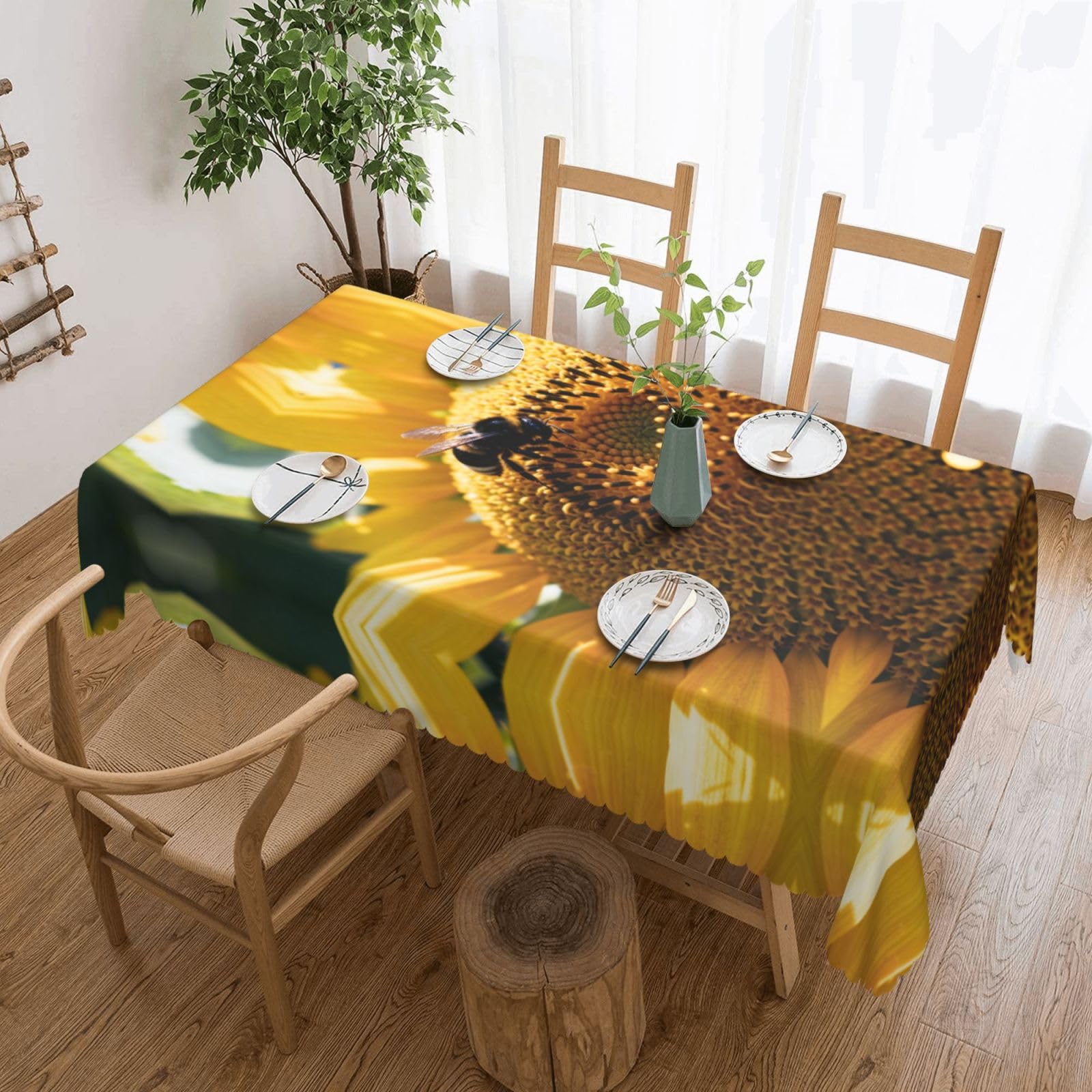CNTDBU Sunflower Bee Pollen Scalloped Edge Tablecloth 54x72-Waterproof Stain Resistant Wrinkle Free Cover, Square Table Cloth for Dining Party