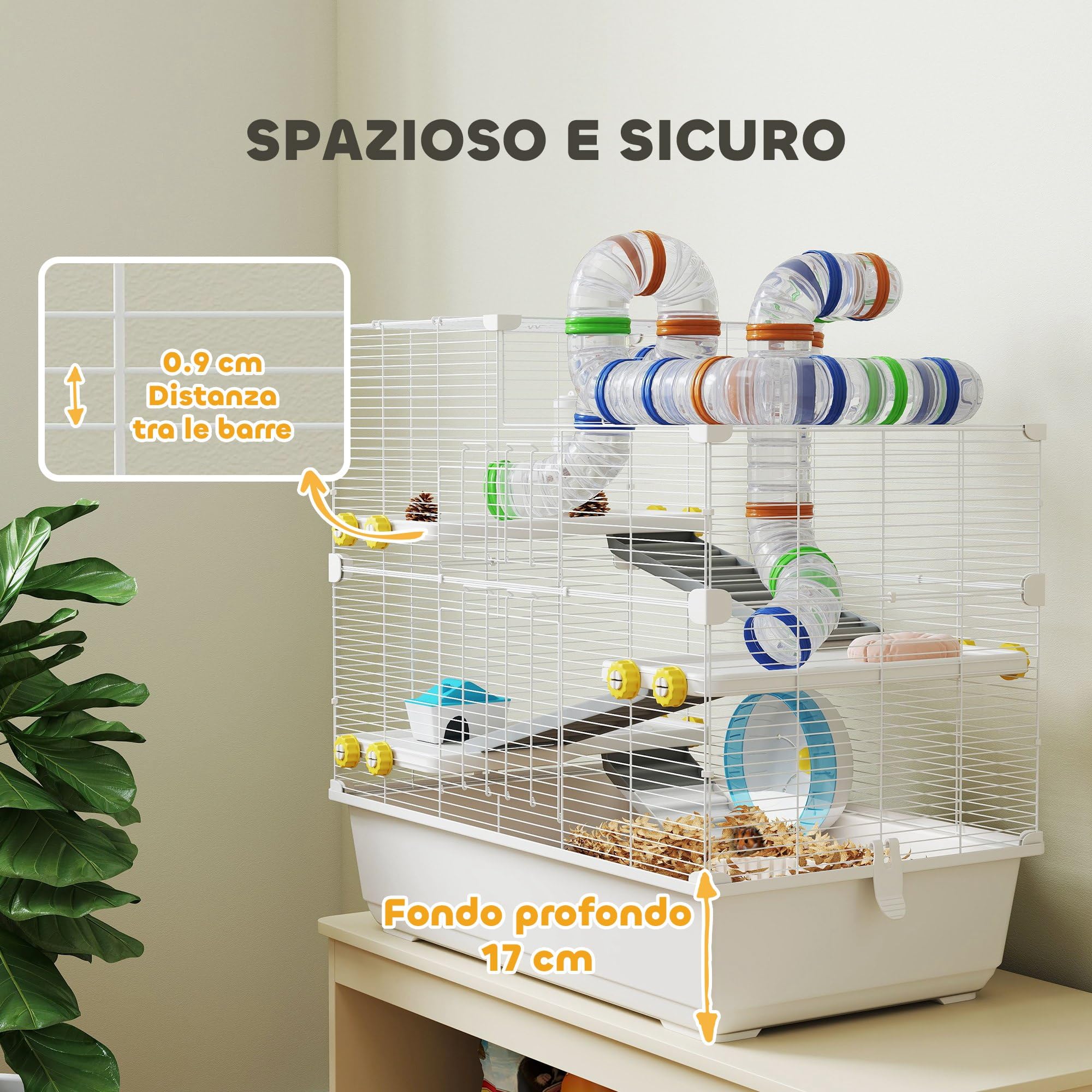 PawHut Gabbia per Criceti 78x45x73 cm 4 Livelli Ruota Silenziosa Bianco | con Tubi, 3 Porte, Vassoio, Gabbietta per Criceti, Metallo, PP e PS