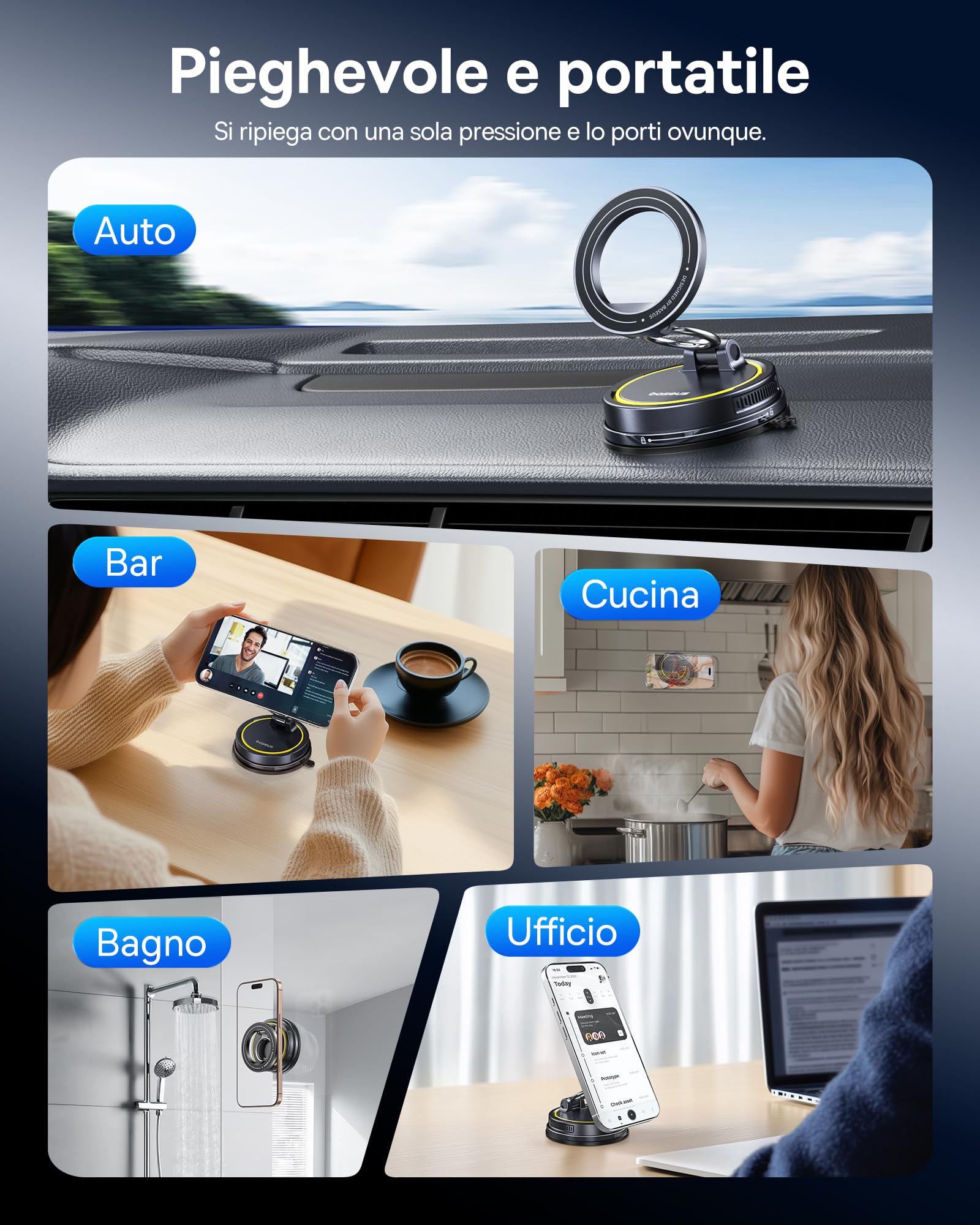 Baseus VC2 Flex Supporto Telefono Auto Magnetico Vacuum Suction, Porta Cellulare Auto Magsafe con Ventosa per Cruscotto e Parabrezza, Regolabile a 720° e Pieghevole per iPhone 16 15 14 13 Pro Max