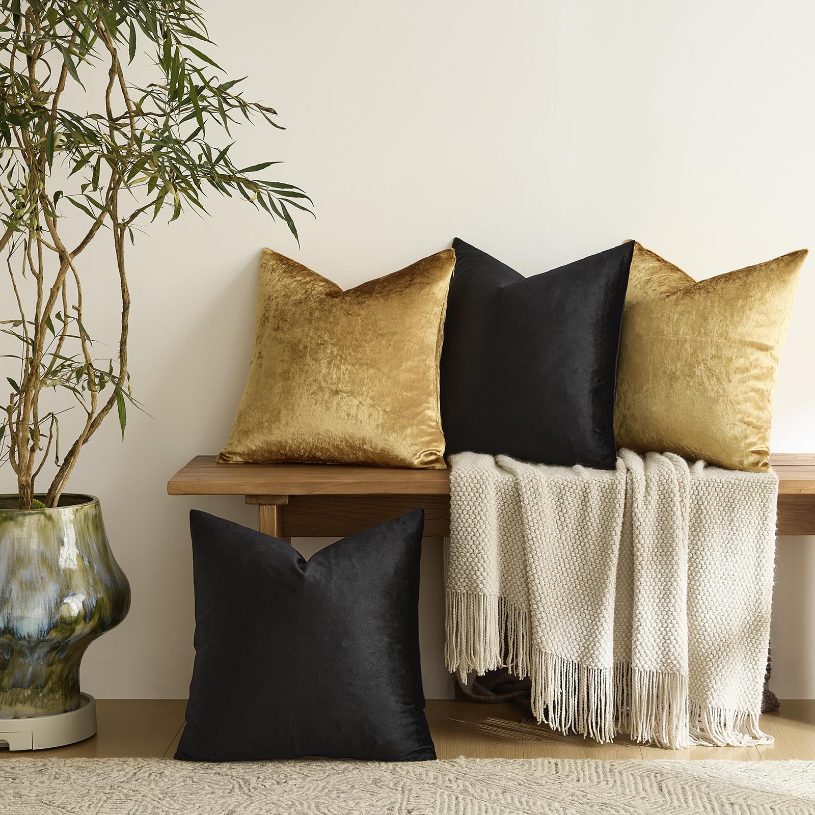 GIGIZAZA Decorative Throw Pillow Covers 18 x 18,Gold Black Soft, Set of 4 Square Velvet Cushion Covers