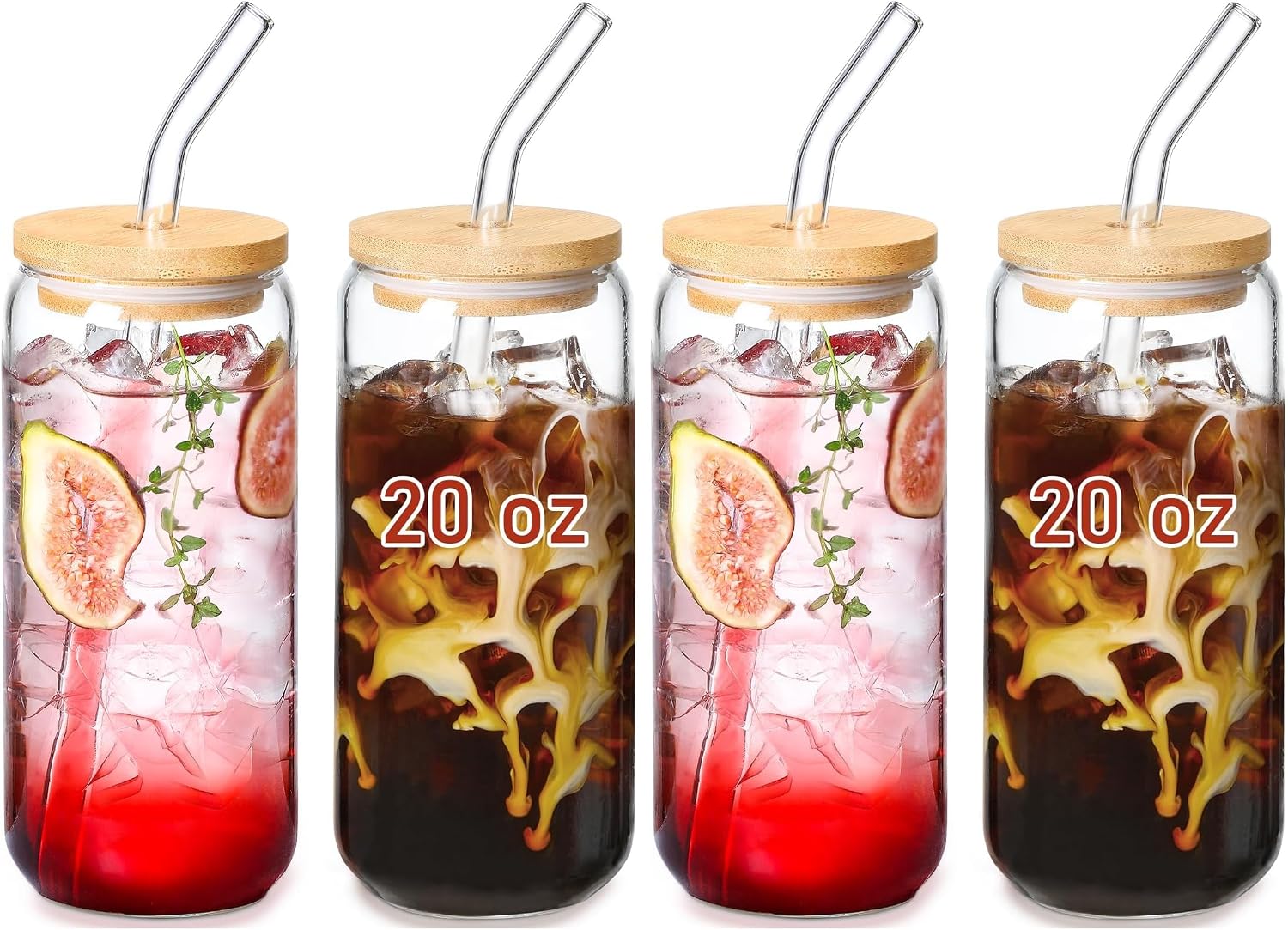 VITEVER 20 OZ Glass Cups with Bamboo Lids and Glass Straw - Beer Shaped Drinking Glasses Set, Iced Coffee Glasses, Cute Tumbler Cup, Aesthetic Coffee Bar Accessories, Gift - 2 Pack