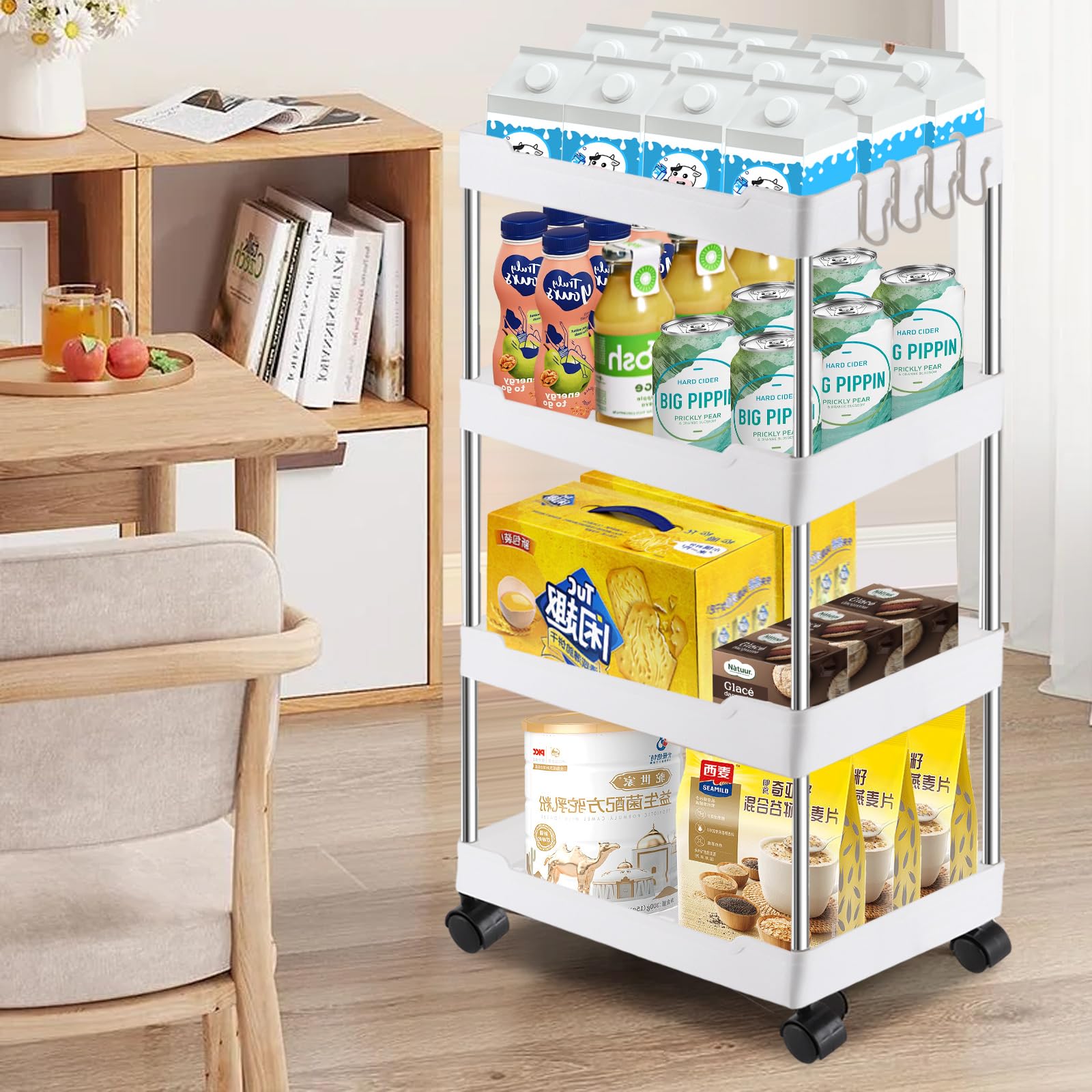 ASelected Carrello portaoggetti a 4 ripiani su ruote, carrello portaoggetti da cucina, per ufficio, soggiorno, cucina, cestino portaoggetti mobile, ripiani organizzatori, bianco
