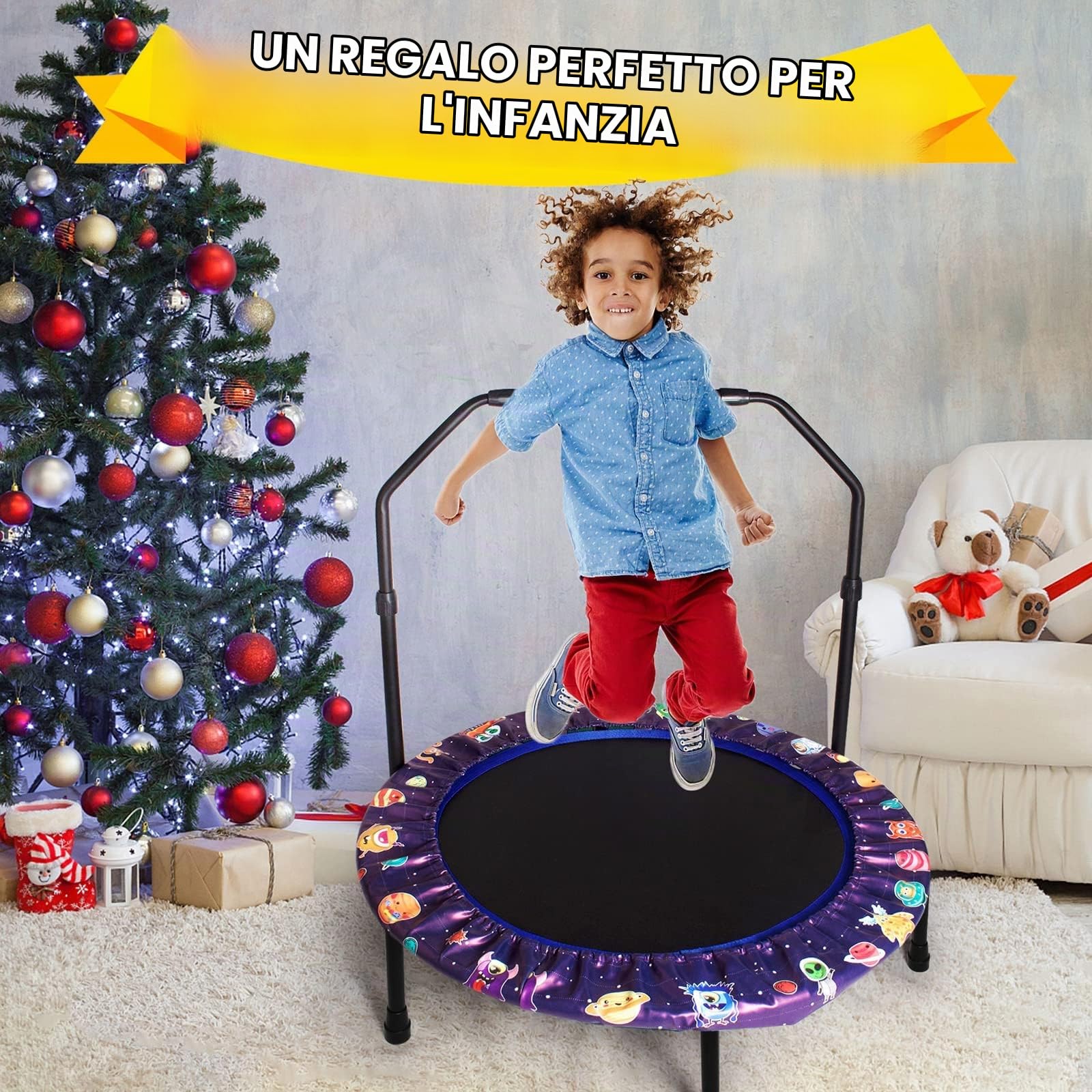 Trampolino elastico per bambini, diametro 91 cm, con manico e imbottitura di sicurezza, per bambini dai 2 anni in su, per interni ed esterni, copertura imbottita