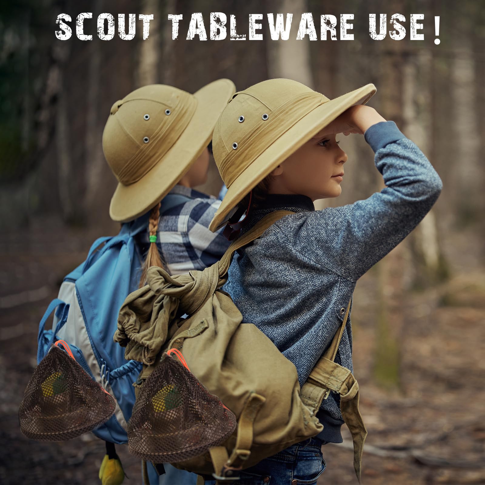 Scout - Kit da campeggio per persona, in acciaio inox 18/8, set di stoviglie da campeggio, set di piatti da scout, con borsa a rete, set di posate da campeggio per viaggi, viaggi, scuola, campeggio