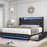HIFIT Queen LED Bed Frame with Charging Station and 4 Storage Drawers, PU Upholstered Platform Bed with Handcrafted Crystal Button Wingback Headboard, Metal Frame with No Box Spring Needed, Black