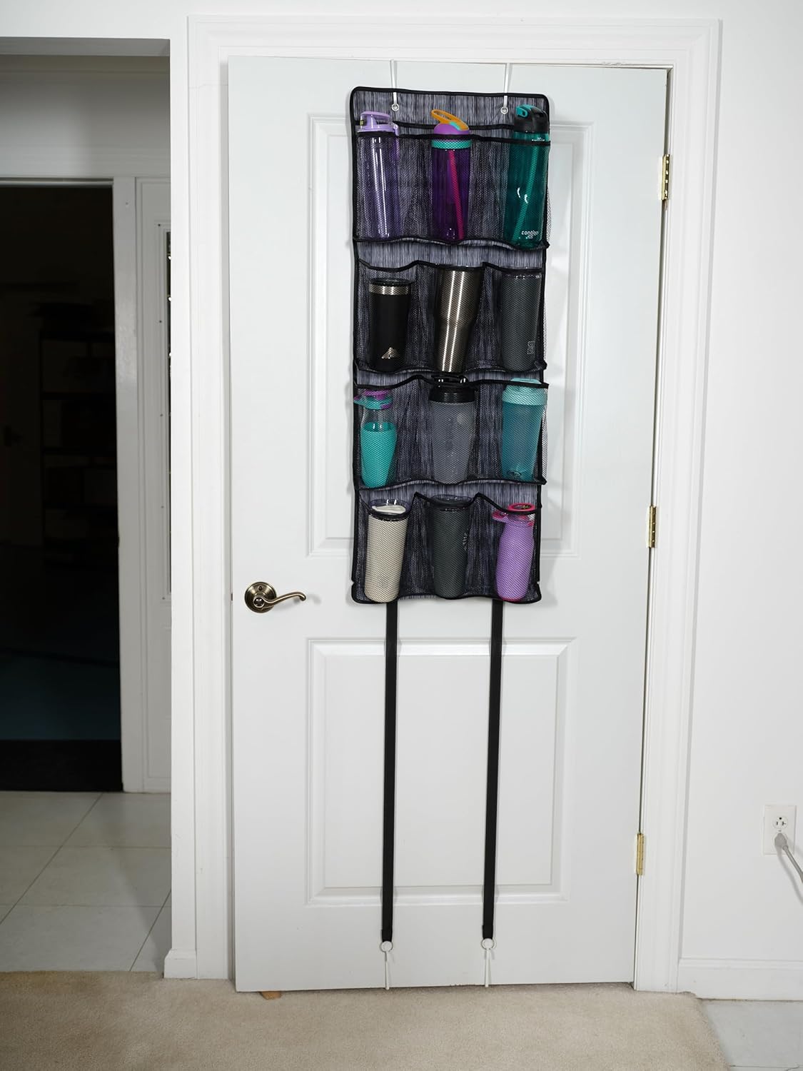 Jokari Tumbler and Bottle Storage Organizer Door Rack Holds Large Water and Drinking Containers with a Unique Over the Door Shelf System to Prevent Banging and Keep Cupboards and Cabinets Tidy