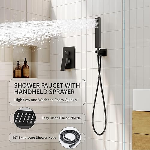 Miniatura 4 de Sistema de ducha negro mate, cabezal de ducha de alta presión de 10 pulgadas con combo de mano, juego de grifo de ducha negro montado en la pared