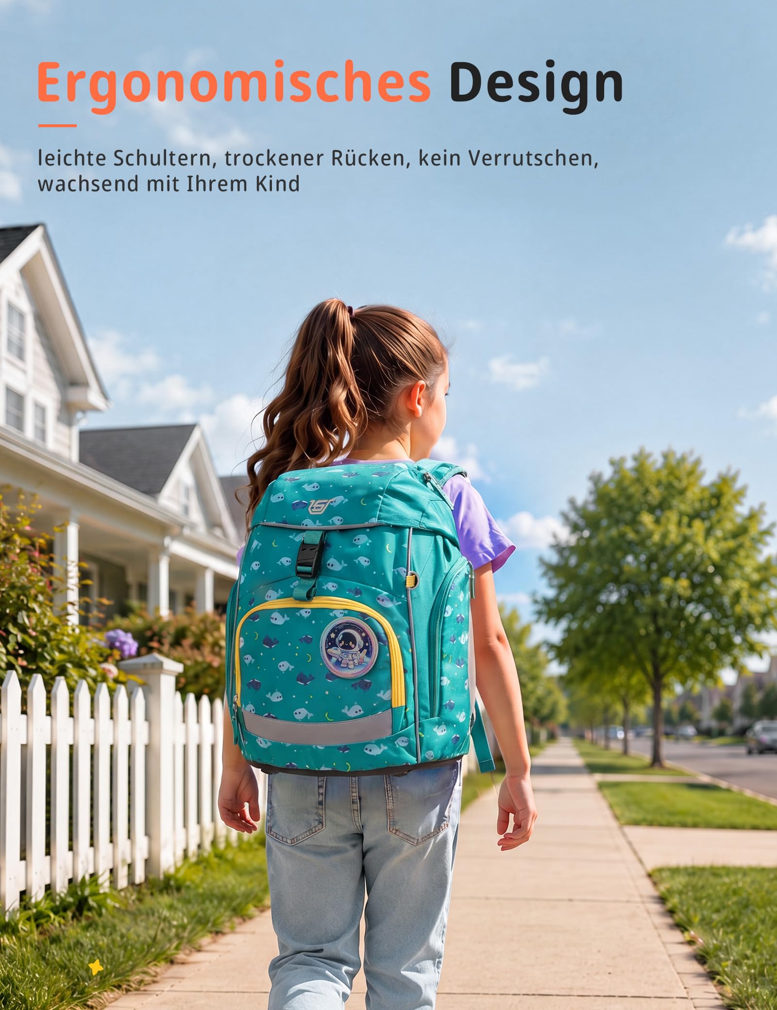 SKYSPER Schulranzen-Set 5-teilig, Schulrucksack Ergonomischer Tragesystem | Schulranzen mit Regenhülle, 360 Grad Reflexstreifen, für Mädchen Jungen Kinder 1. klasse Outdoor Aktivitäten