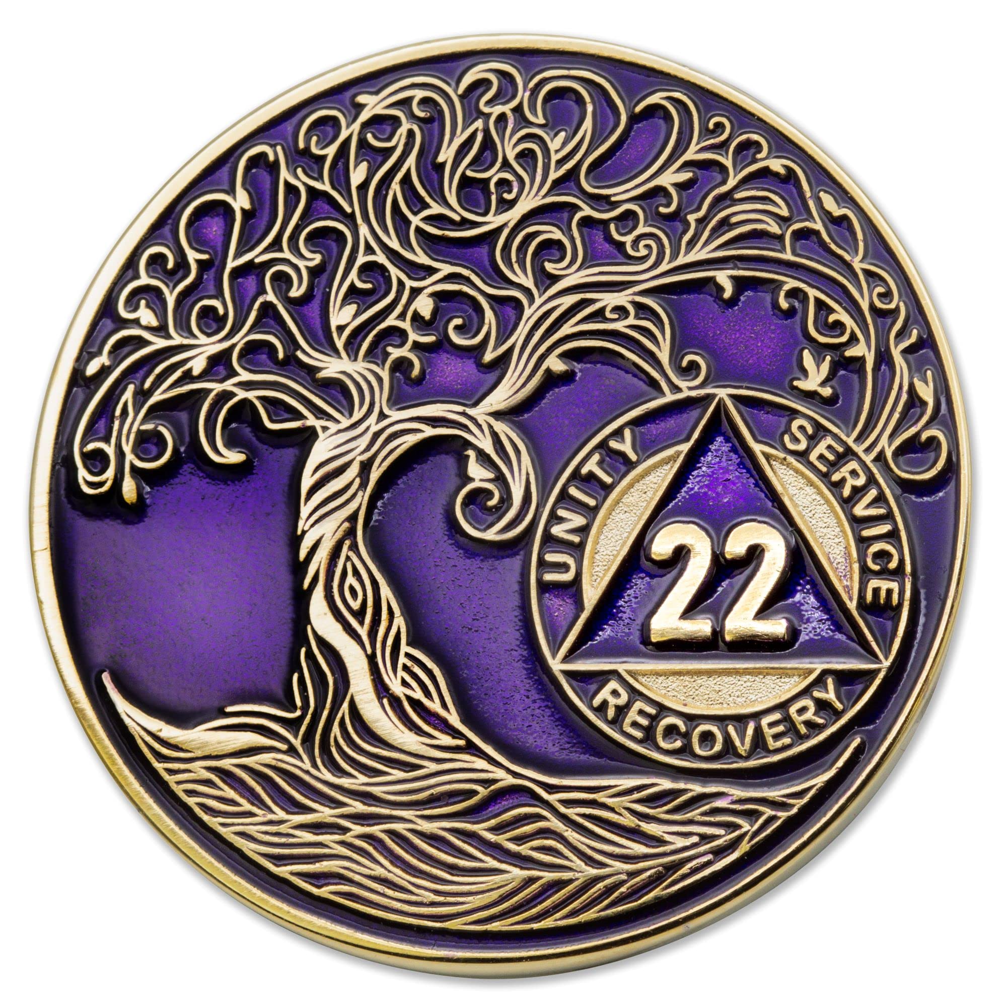 1 to 50 Year Twisted Tree of Life Sobriety Coin - Gold Plated AA Chips &amp; Medallions - 22 Year Sobriety Coin - Purple