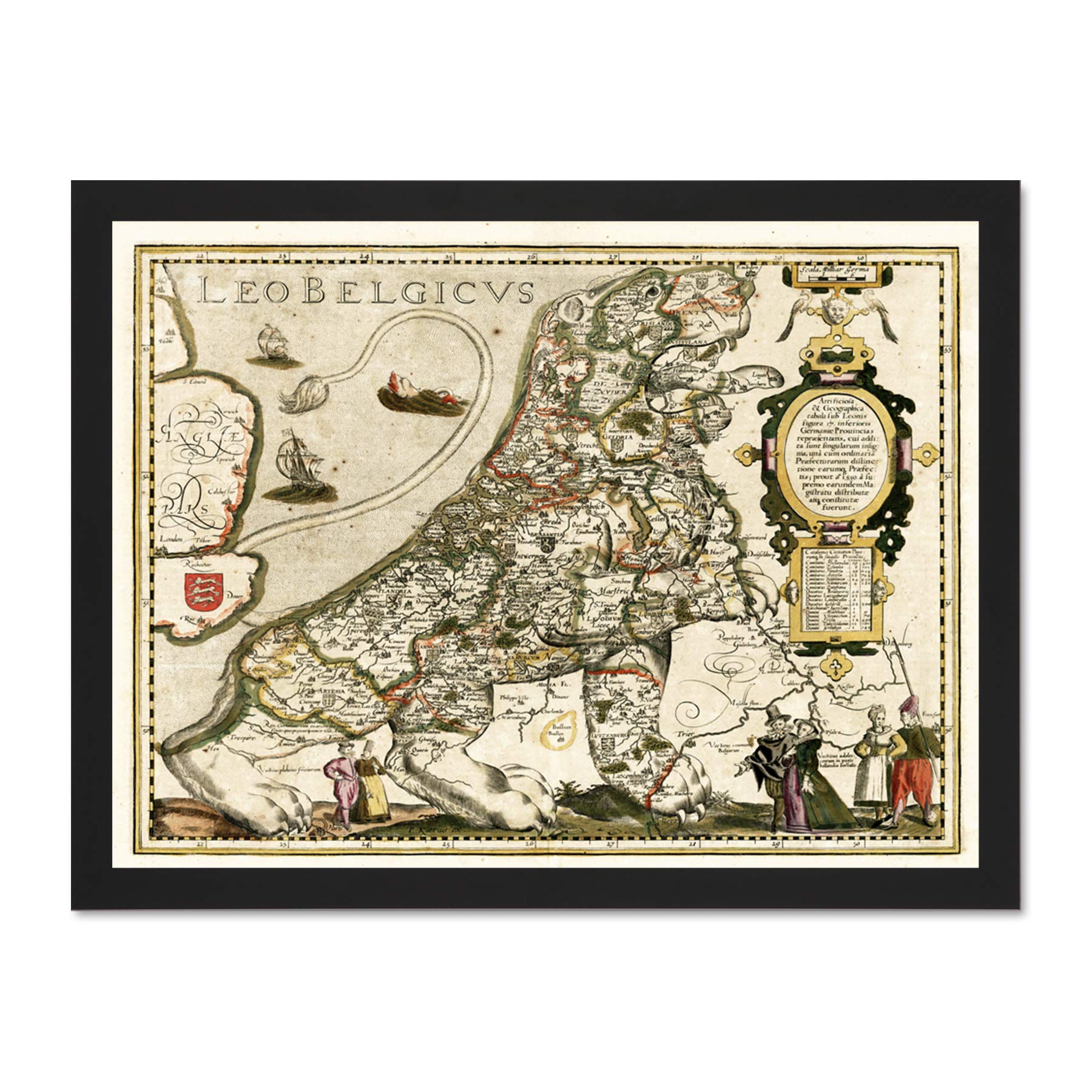 Wee Blue Coo Map Antique Belgium North Sea Lion Leo Art Large Framed Art Print Poster Wall Decor 18x24 inch