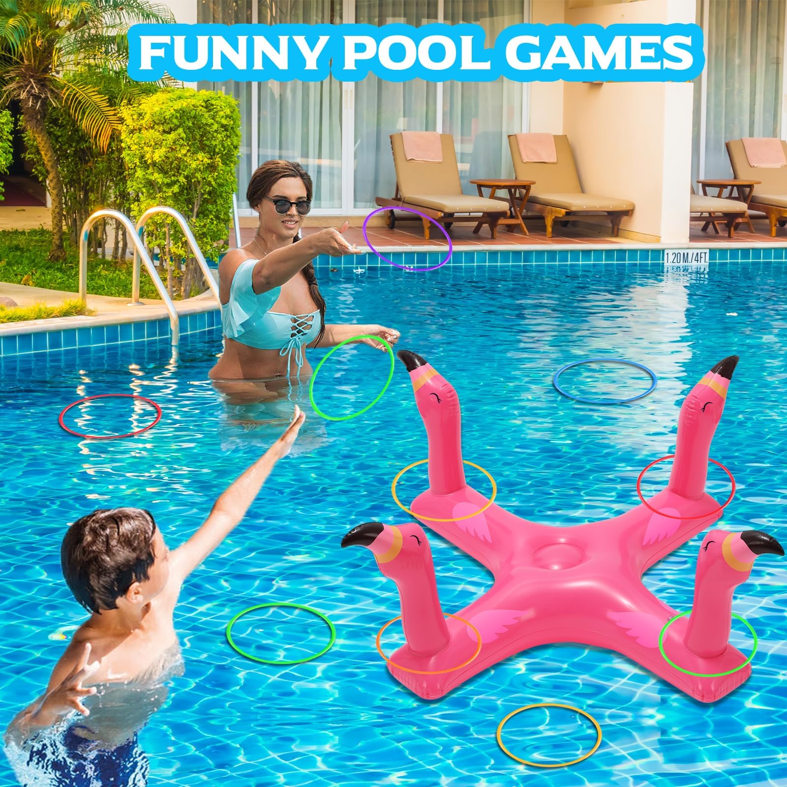Aufblasbare Poolspielzeug, Flamingo Aufblasbares Wasserspielzeug Set, Schwimmender Werfen-Ferrule Spielzeug, Draußen Outdoor Pool Party Spielzeug für Kinder, Erwachsene, Familien (Rosa)