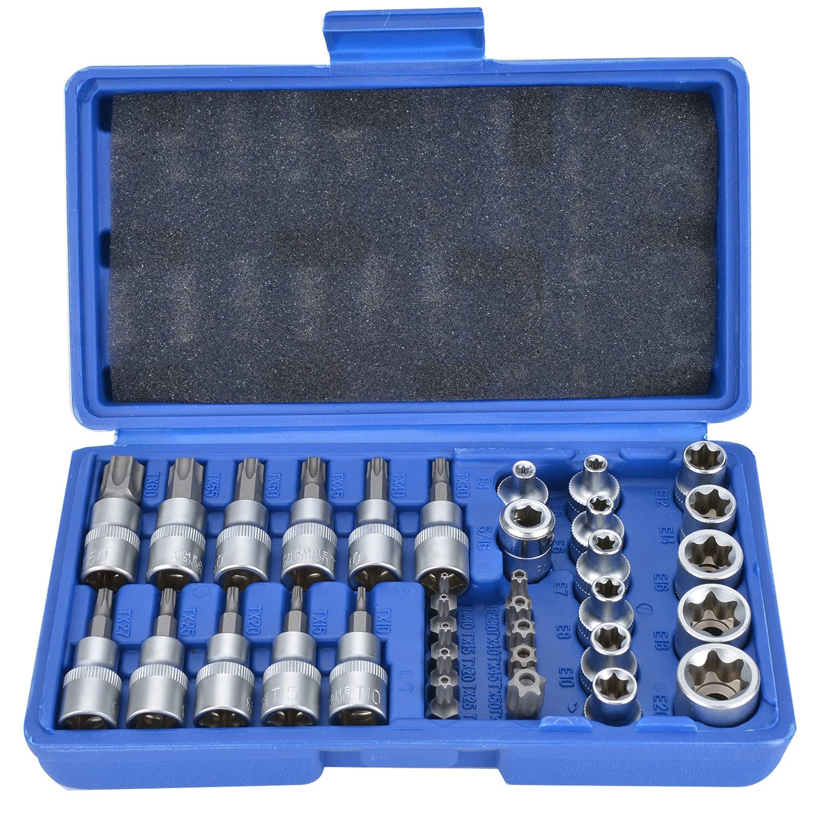 EVERGOODS 34pcs Torx Bit Socket Set with E-Torx Sockets, 1/4" & 3/8" Drive Socket Set, Star Bit Socket Set with Ratchet Adapter & Extension Bar, Automotive Repair Tool Kit with Storage Case