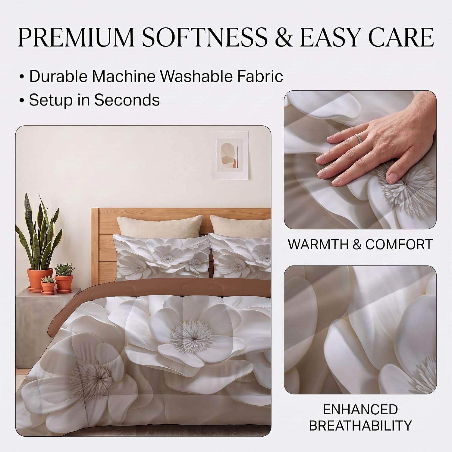 French Romance Comforter Set King Size, 3D Relief Flowers Bedding Set for Girls Boys, White Quilt Bed 104"X90" Bedding Comforter Sets with 2 Pillowcase Room Decor