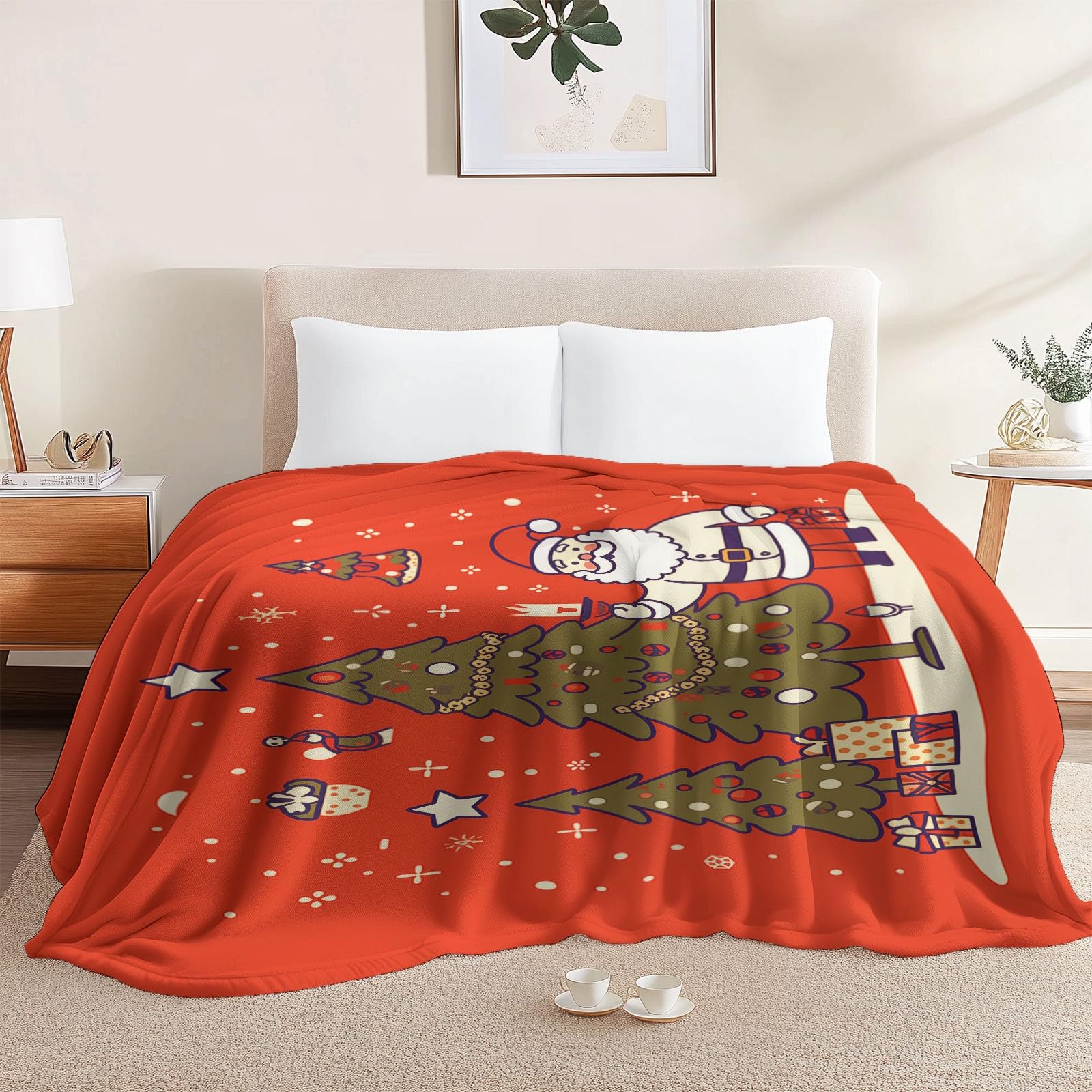 Miękki przytulny koc sherpa 180 x 220 cm, choinka, kreskówka, bałwanek, lekki, puszysty koc dla dzieci, dorosłych, nastolatków, czerwony koc polarowy w rozmiarze king size, na sofę, łóżko, kanapę