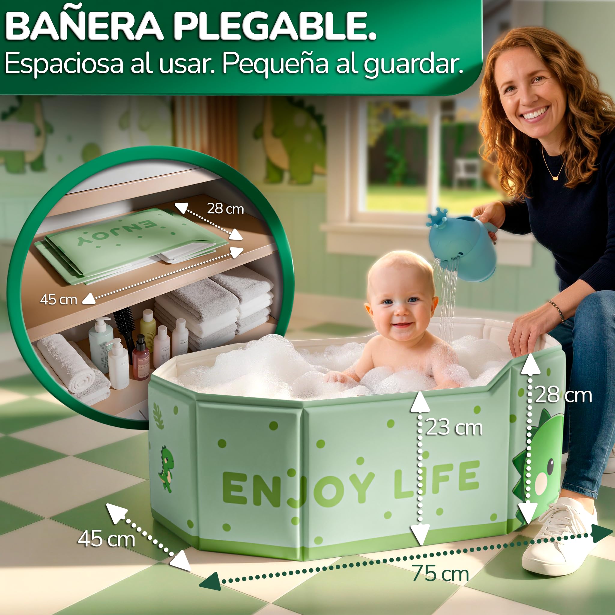 Kit Bañera Plegable Bebe - Bañera Portátil Bebé con Jarra, Bolsa y Accesorios - Bañera Bebé Grande Antideslizante - Plegable Viaje o Plato Ducha - Color Verde