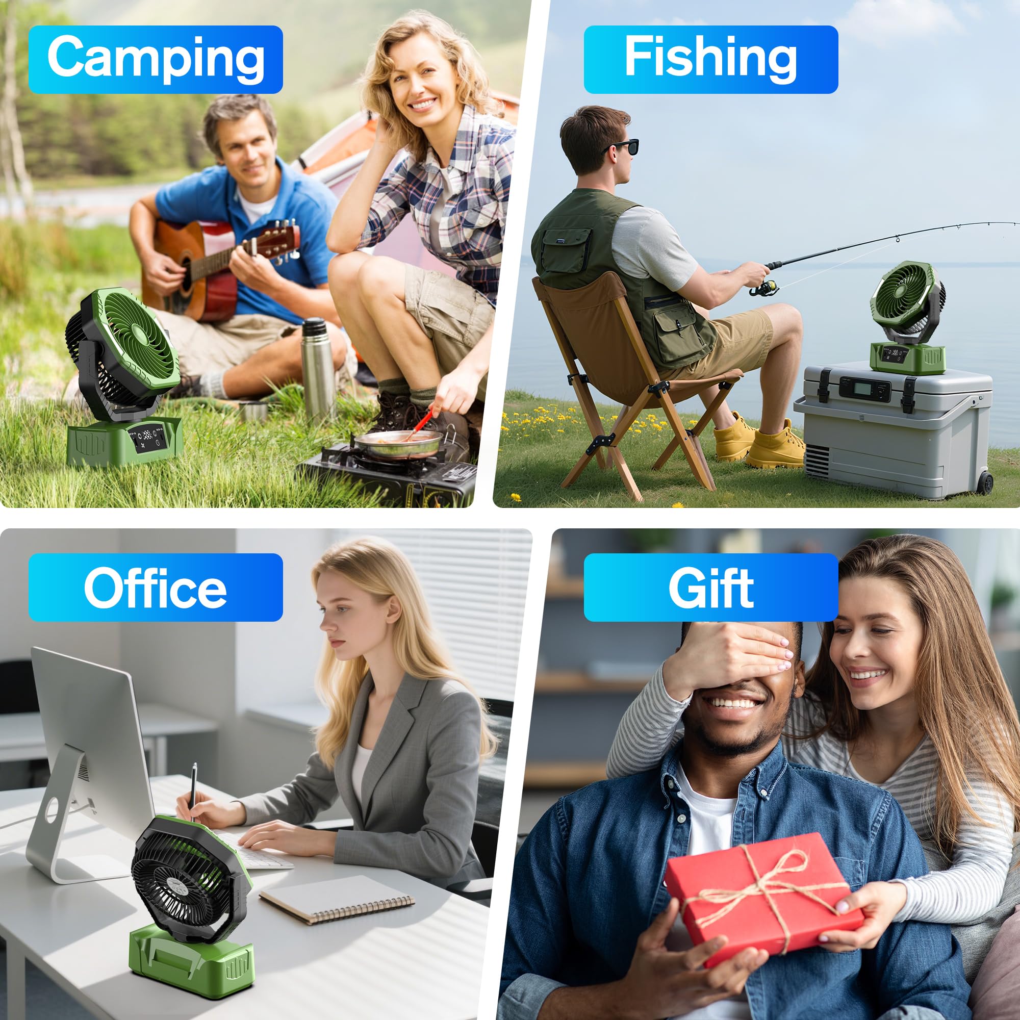 kejector Ventilatore da campeggio con luce a LED, batteria ricaricabile da 24000 mAh, portatile, con gancio, ventilatore da scrivania, USB, telecomando, 6 velocità, per tenda all'aperto, viaggi