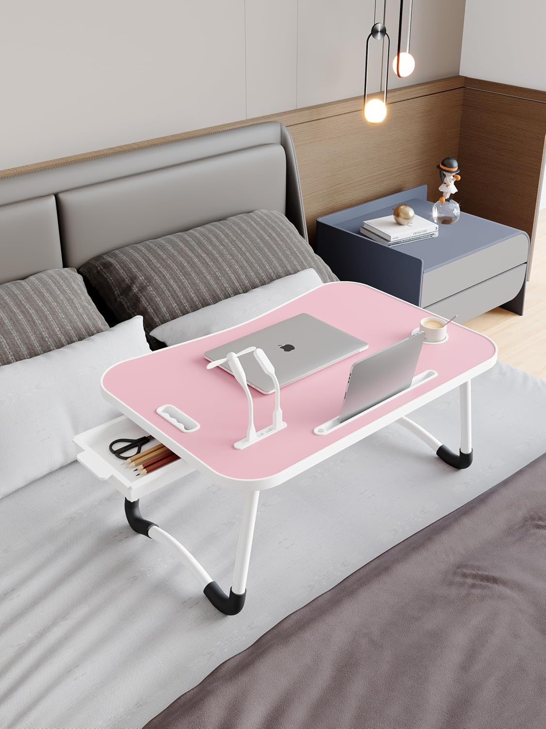 Portable Laptop Bed Table with Cup Holder, Multifunctional Tray Holder with Tablet Card Slot-Perfect for Eating, Reading, Writing On The Bed, Sofa, Or Floor - Stable (Pink)