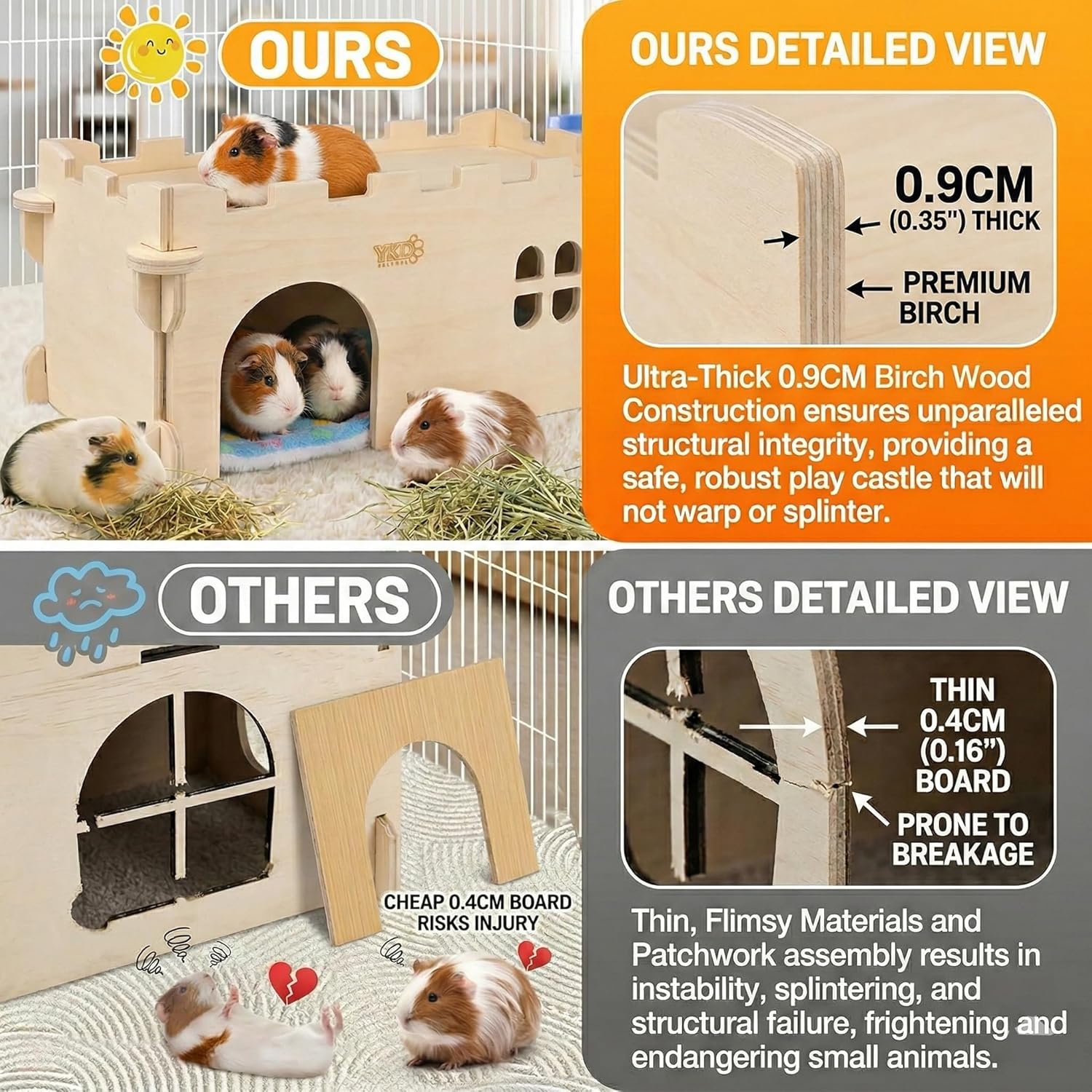 Castle Chinchilla House, Small Animal Hideout for Chinchilla, Guinea Pig, Hedgehog, or Rat, Ventilated Wooden Guinea Pig Hut Habitat with Multiple Doors (Large)