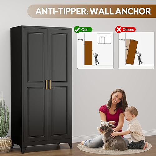 Vista 4 de Armario Armario con puertas, armario de 71 pulgadas con barra para colgar, armario de metal con 2 estantes ajustables para dormitorio, escuela, Negro