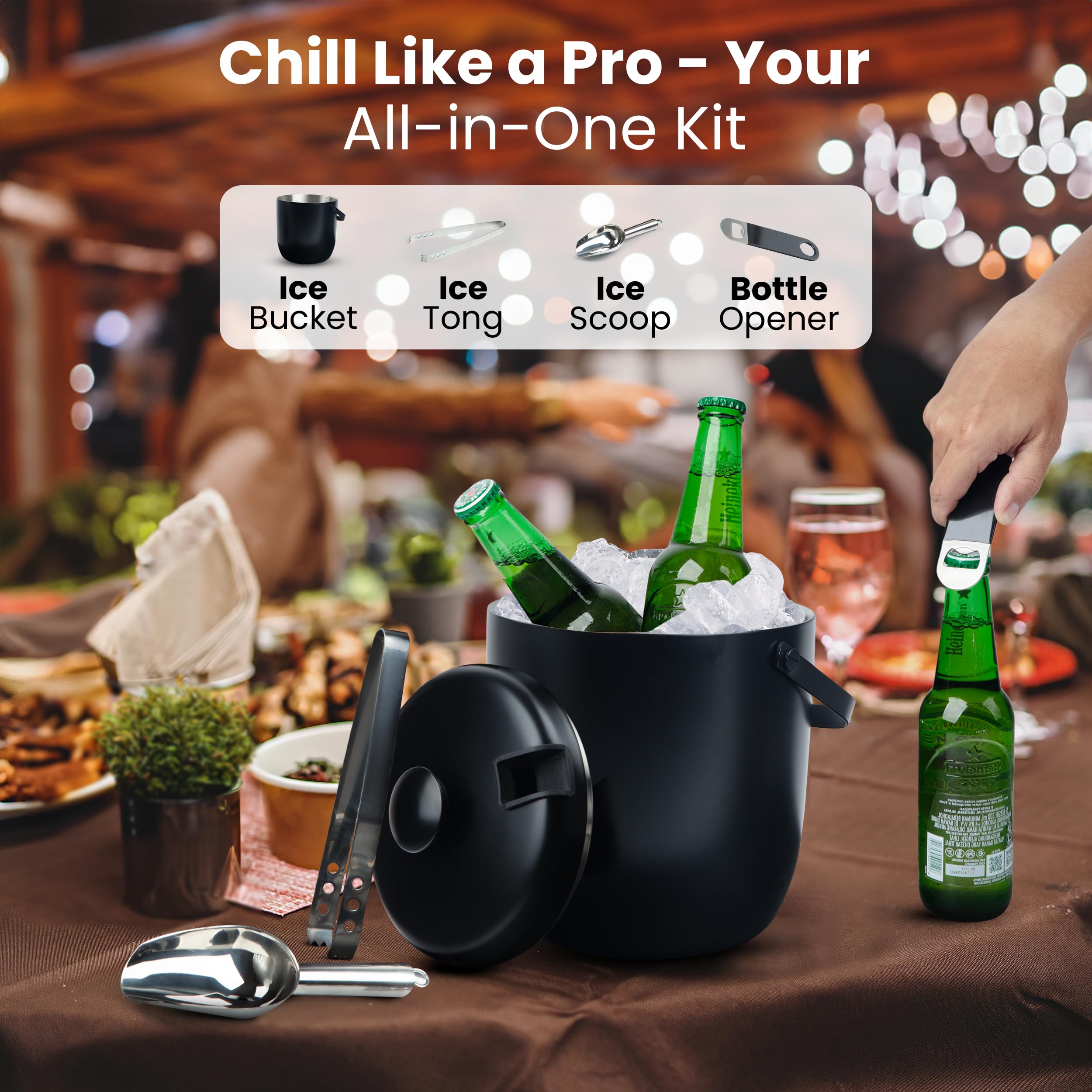 Cubo de hielo aislado de 3 litros, cubo de hielo de acero inoxidable de doble pared, elegante cubo de hielo negro para bar de cóctel, cubos de hielo para fiestas con juego completo