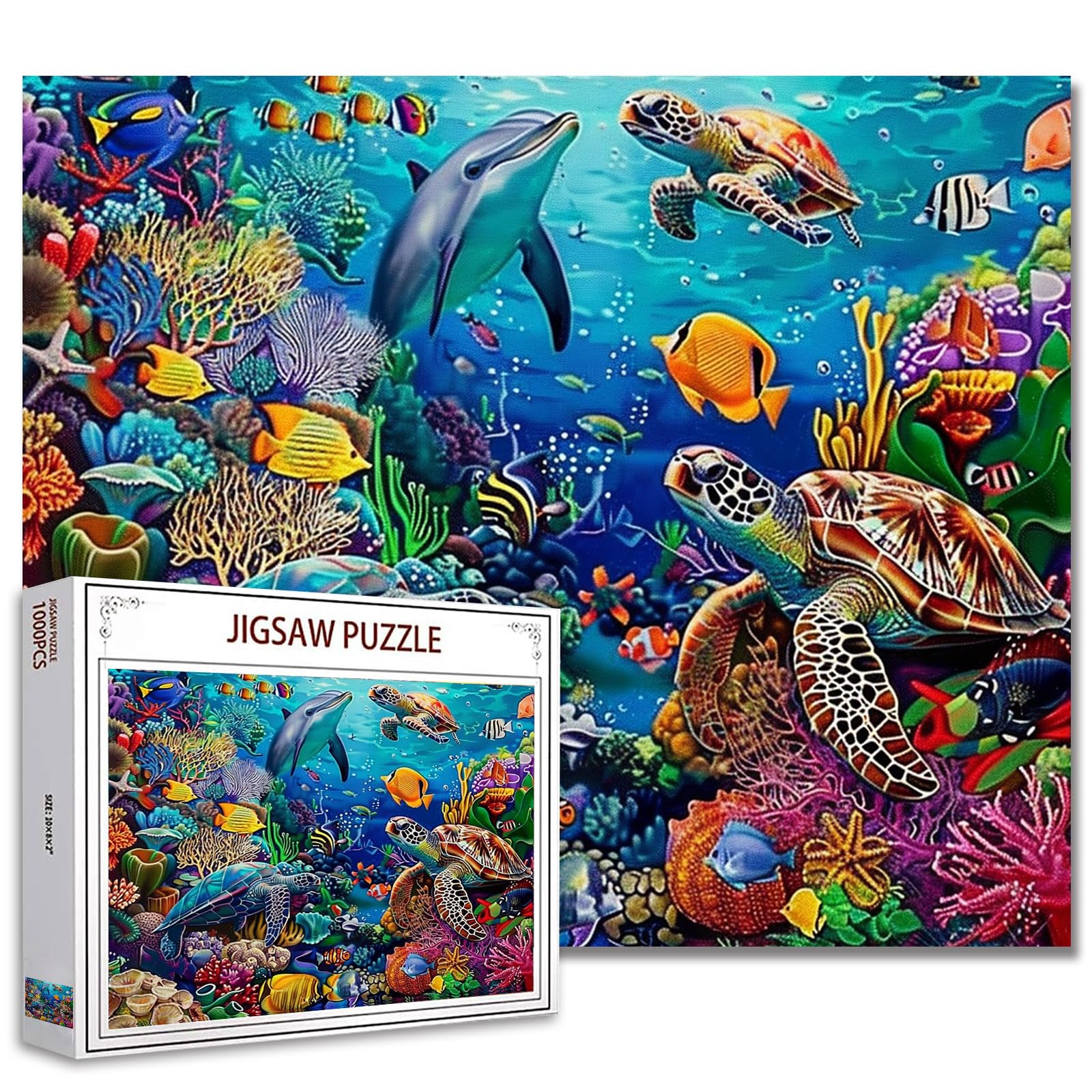Tucocoo 1000 Piece Jigsaw Puzzle for Adults Underwater World Painting Ocean Animal Challenge Family Activity Game Sea Turtle Dolphin DIY Wall Decor