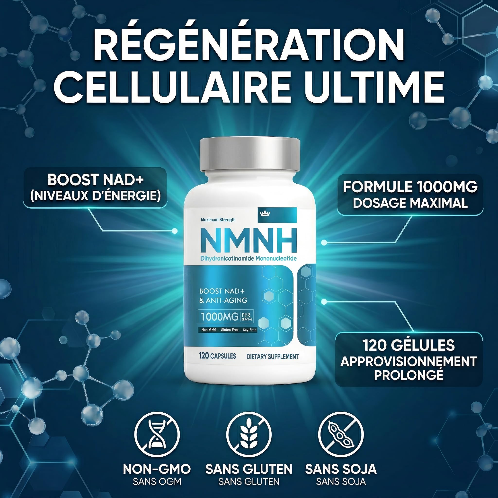 NMNH 1000mg Par Portion, Anti Âge Et Énergie Cellulaire, 120 Gélules Resvératrol Supplément NAD+
