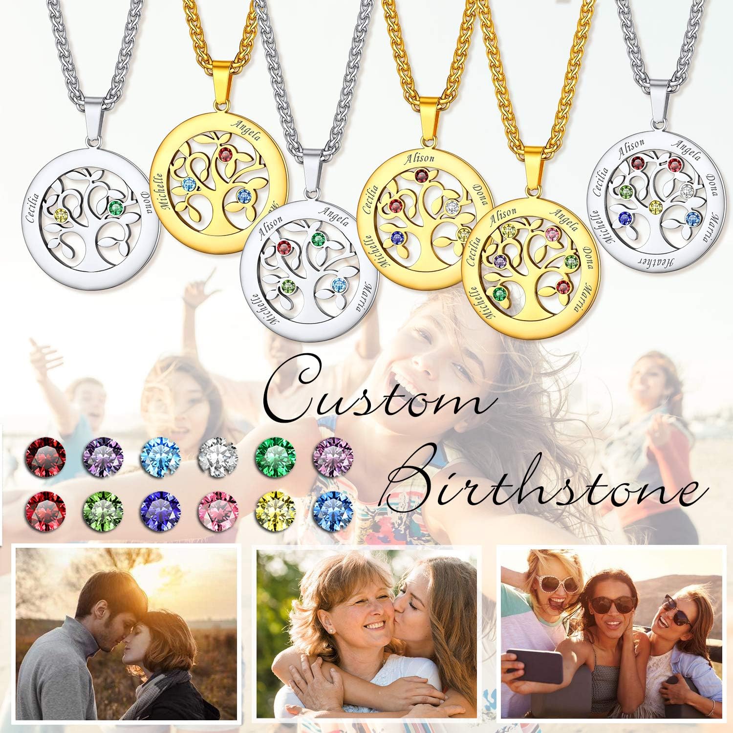 U7 Heart/Round Tree of Life Necklace, Customized Birthstone Jewelry for Women Men,Custom Name Family Branch Tree Pendant Personalized Mother Necklaces with 2-7 Names and Birthstones