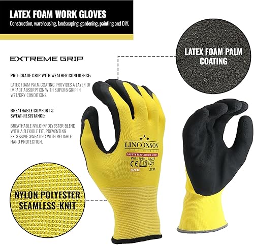 Miniatura 9 de linconson Paquete de 12 guantes de trabajo de mecánica de construcción de la serie Safety Performance