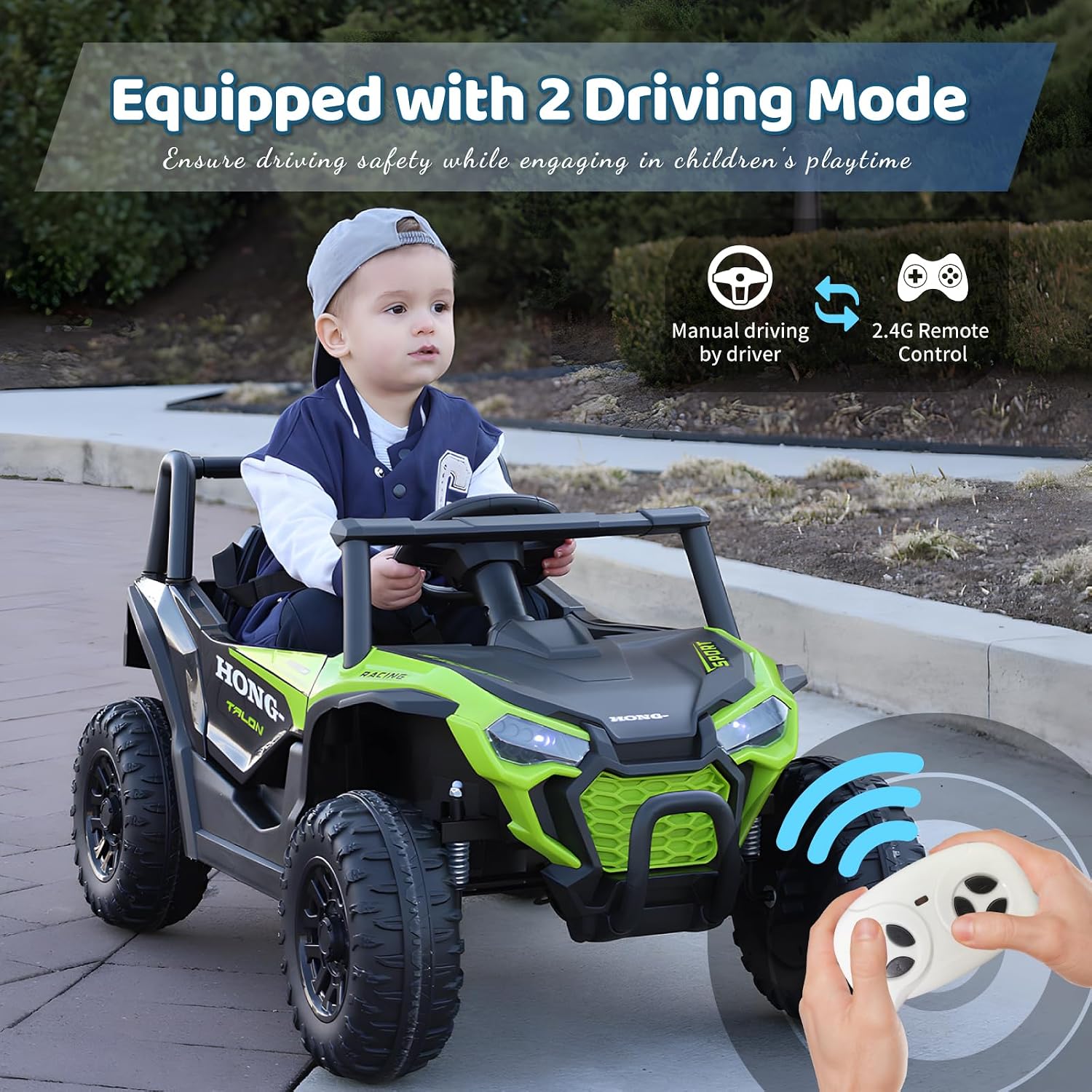 TCARAIWEN 12V Electric UTV Car with Remote Control, Ride on Vehicles with Spring Suspension, LED Headlights, Ride on 4 Wheels, Music, Horn for Toddlers Kids, Green