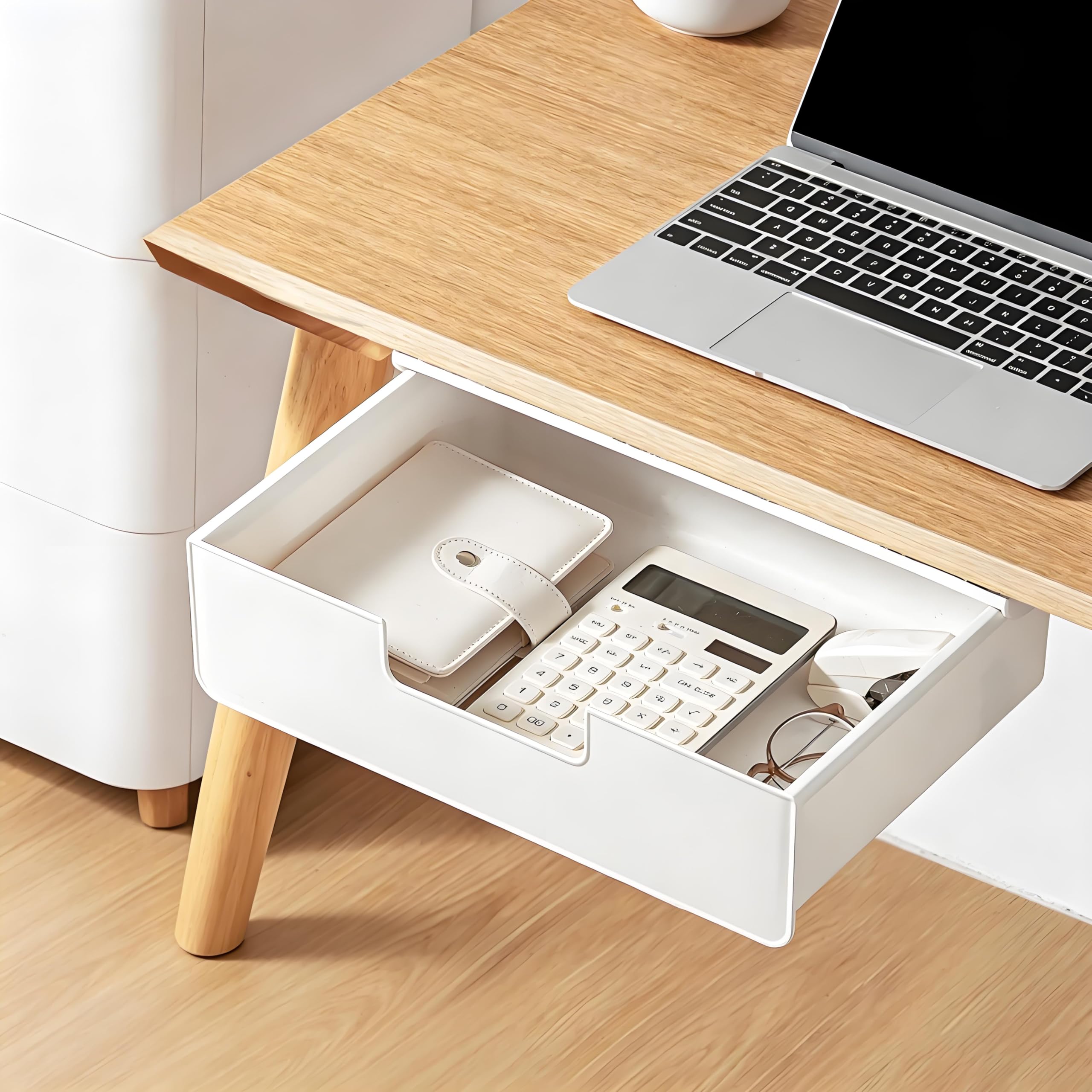 Boîte de rangement autocollante sous meuble pour bureau, école, cuisine (blanc)