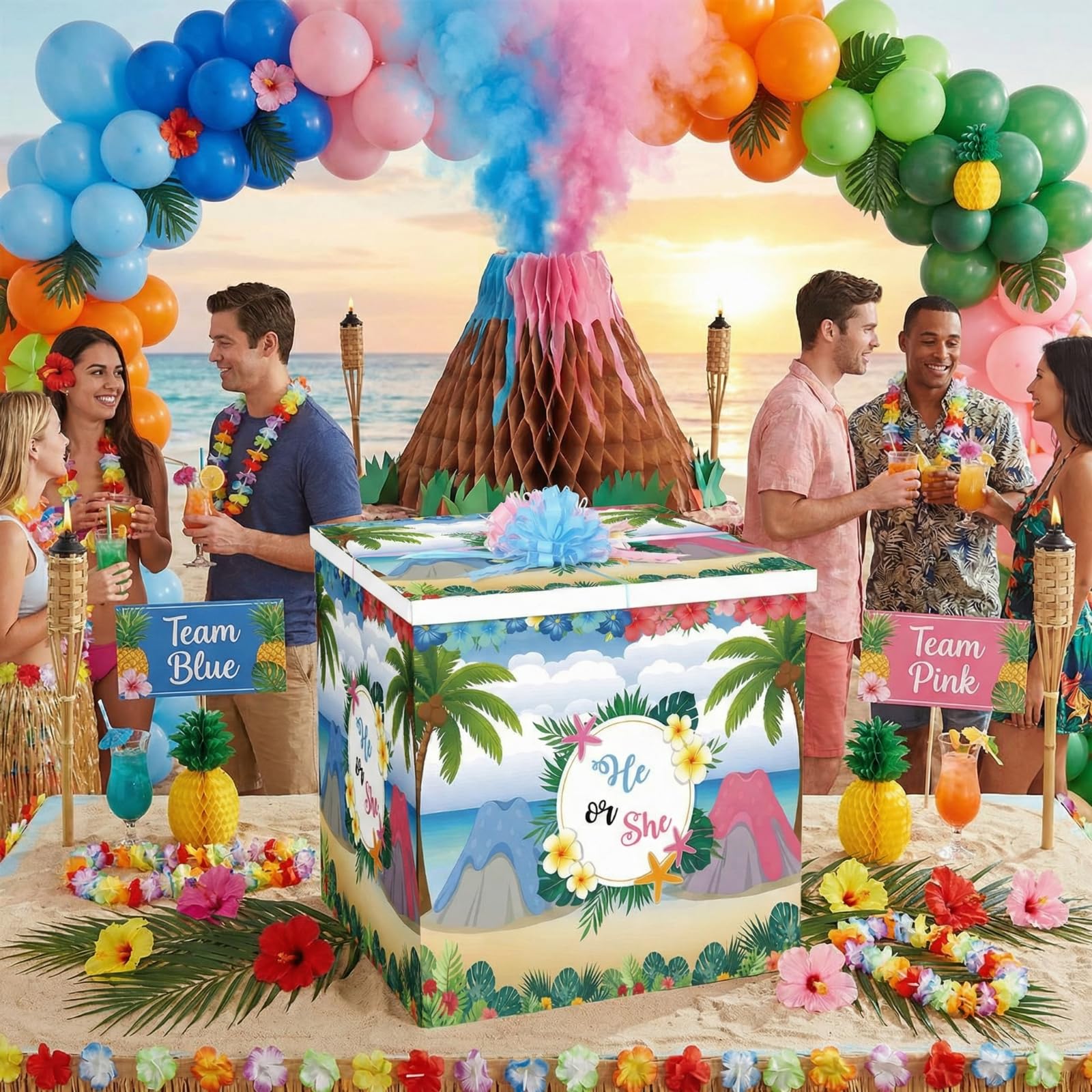AmazingSpark Kit regalo Jumbo da 71 cm, con scatola oversize con fiocchi giganti per rivelare il sesso, baby shower, feste di compleanno (Hawaiian Luau)