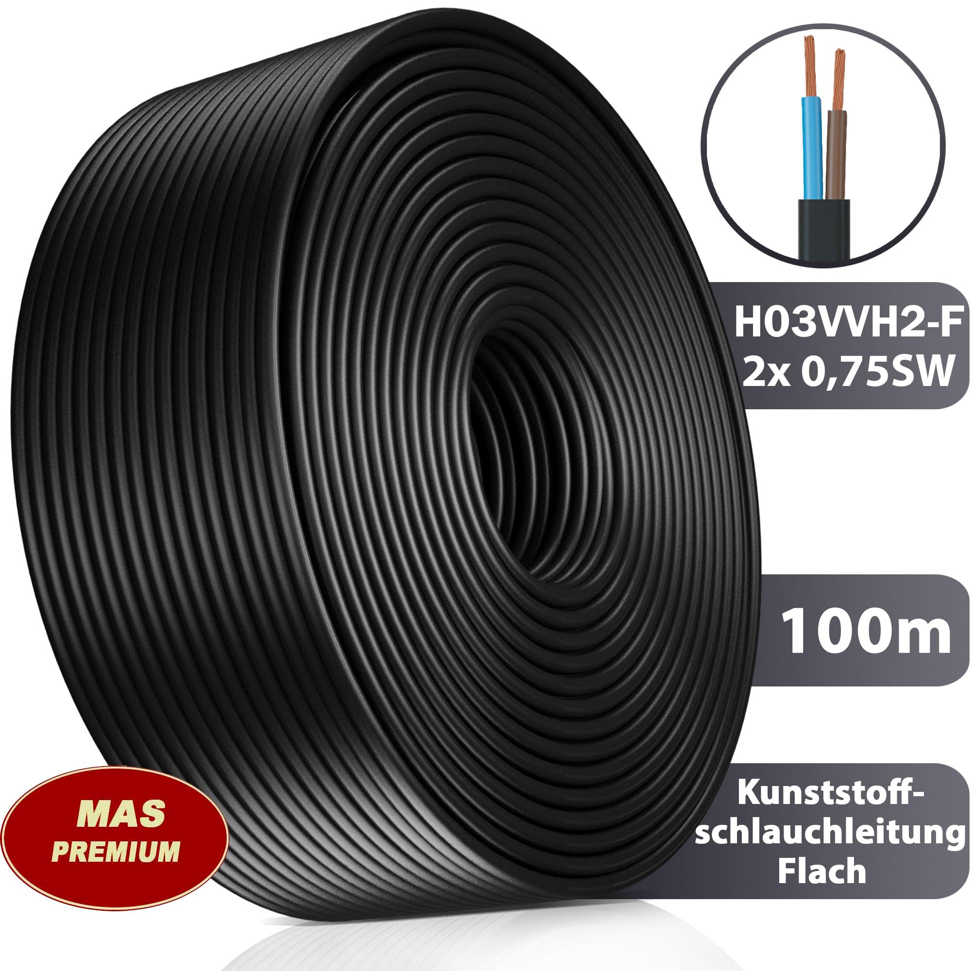 MAS Premium Przewód węża z tworzywa sztucznego (Flat) od 5 do 100 m H03VVH2-F 2X0,75 WS, 2 x 0,75 czarny lub biały, elastyczny kabel do urządzeń (czarny, 100 m)