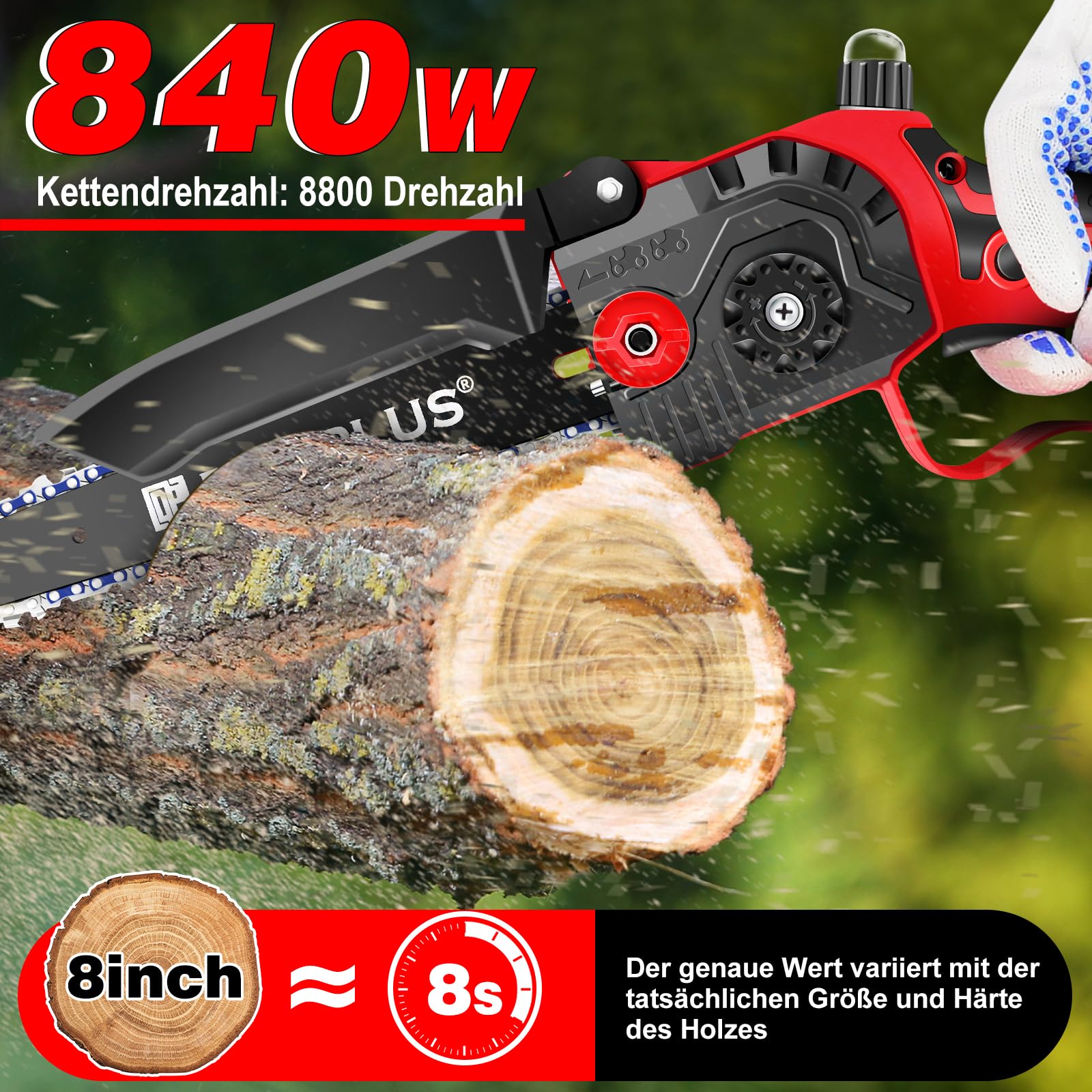 Motosierra sin cable de 8 pulgadas, motosierra manual sin escobillas con 2 baterías de 4000 mAh, cerradura de seguridad, motosierra eléctrica ligera para cortar madera, poda de árbol, 47,5 x 11,5 x