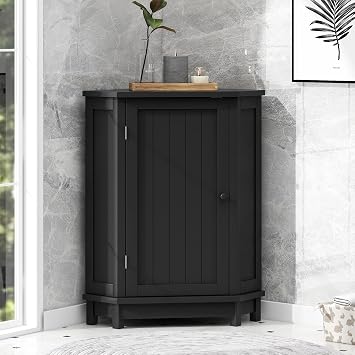 Corner Cabinet with Door, Bathroom Storage Cabinet with Removable Shelves, Floor Corner Cabinets for Kitchen, Living Room Black