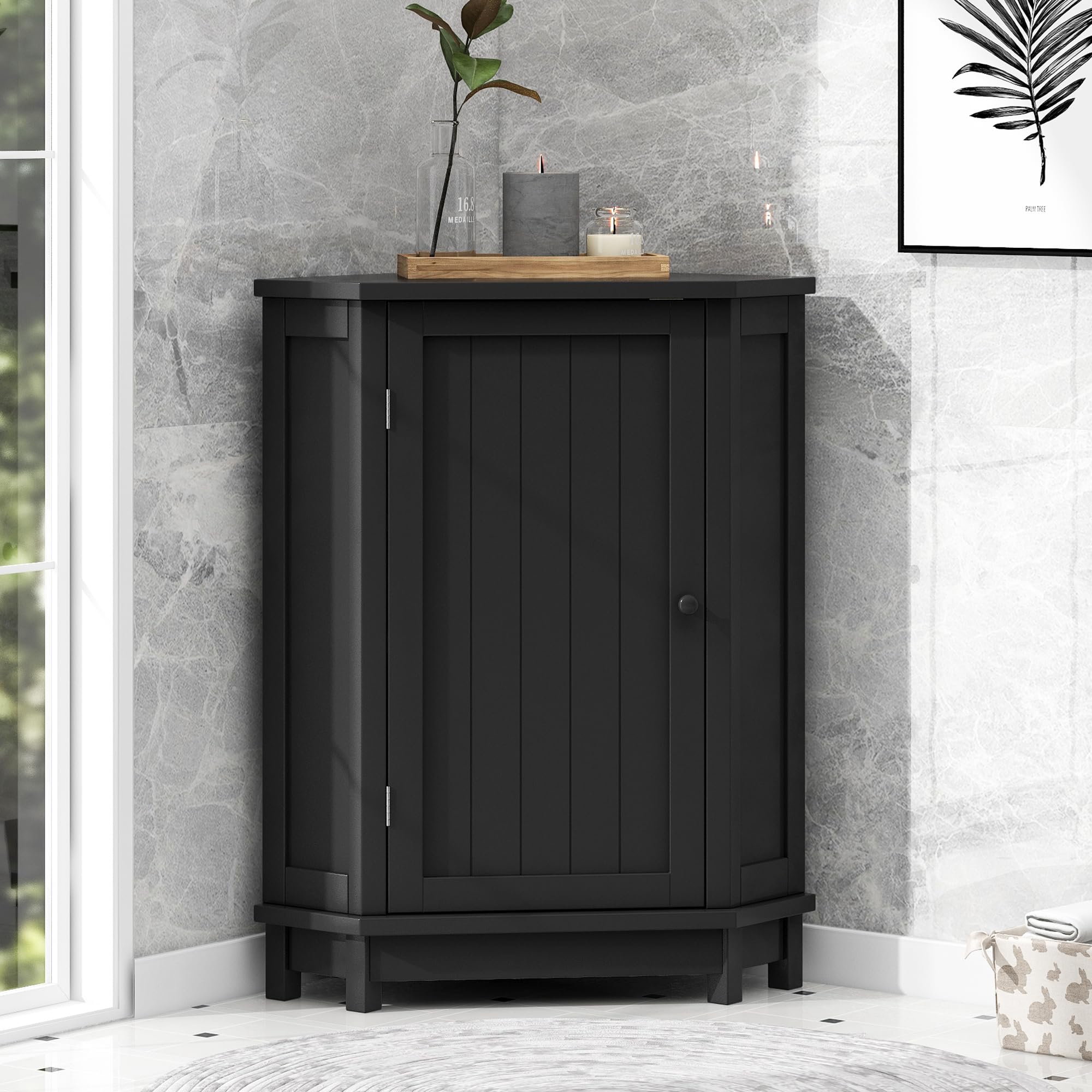 Oevsld Bathroom Corner Cabinet with Adjustable Shelves - Storage Cabinet for Bathroom, Laundry Room & Small Spaces - Moisture-Resistant (Black+ MDF)