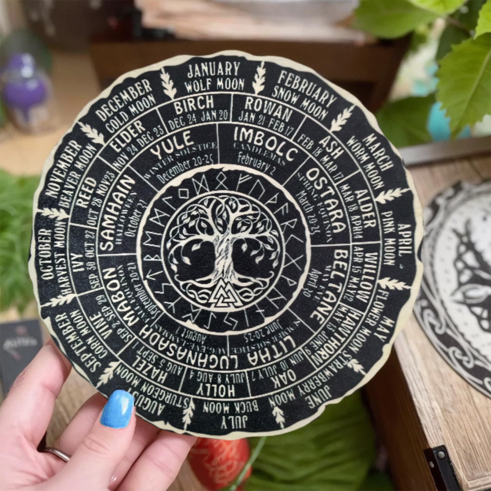 Wheel Of The Year Wood Sign- Celtic Tree of Life Calendar,Pagan Yule Decorations,Round Wooden Wheel of the Year Ornament,Wheel of the Year Wood Sign with Stand,For Living Room,Bedroom,Dining Room - Image 2