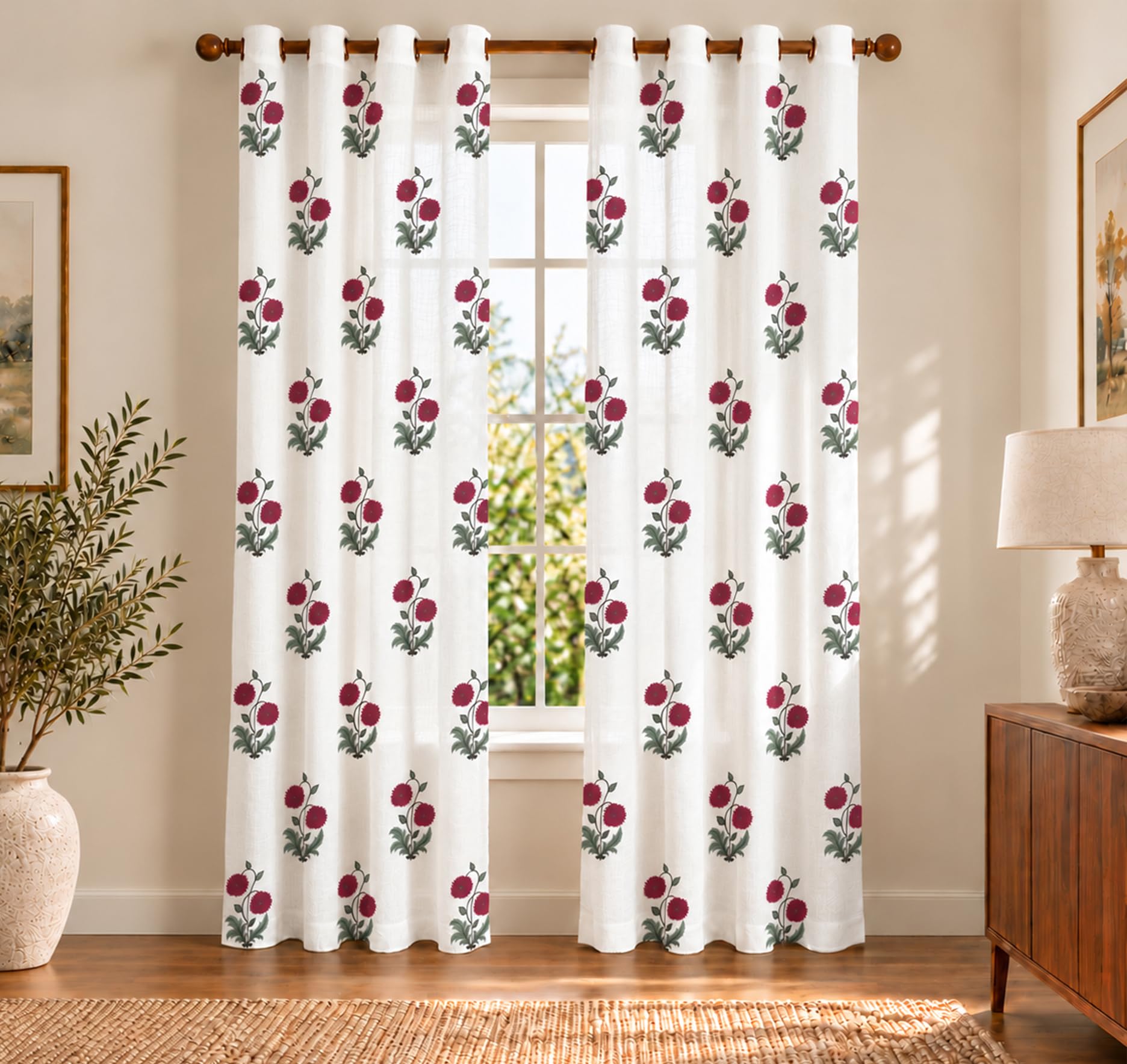 Floral Sheer Curtains - Red Rose Design -1