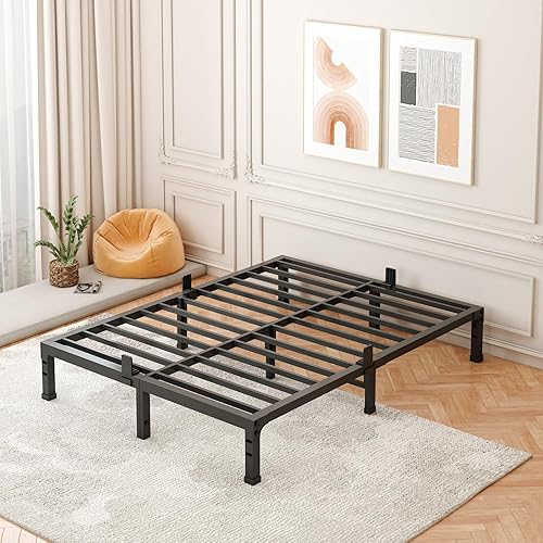 Miniatura 49 de FUIOBYVV Marco de cama King con plataforma de metal resistente de 14 pulgadas, soporte de cama tamaño King de hasta 3500 libras, no necesita somier,