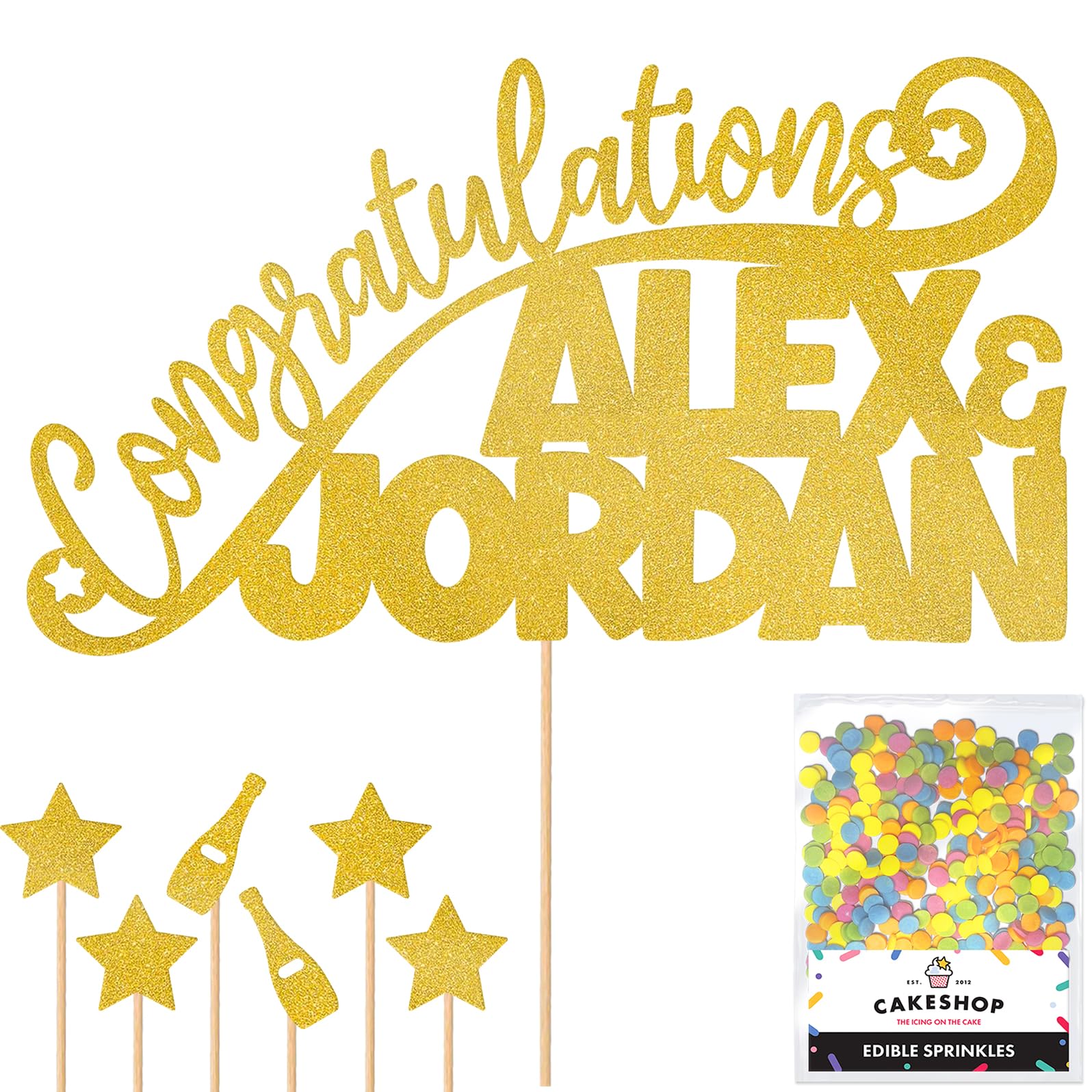 Personalised Congratulations Celebration Glitter Cake Topper - Gold Any Name(s) Cake Decoration and Sprinkles - Any Occasion Party Decorations - Personalised Toppers for Cakes by Cakeshop